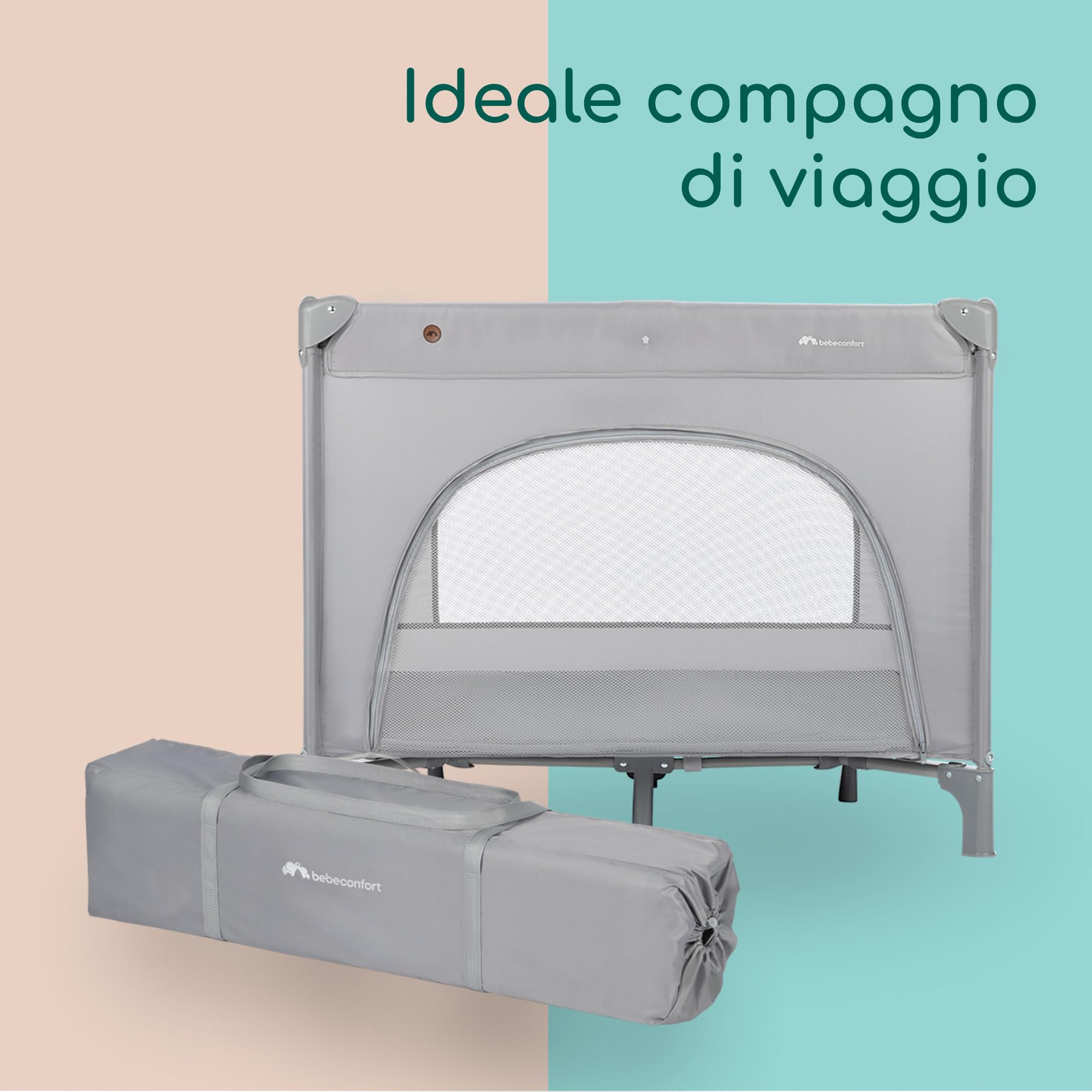 Bebeconfort Adonis Lettino da Viaggio e Box Pieghevole Bambino, 0-3 anni (15kg), Lettino da Campeggio per Bambini, Finestra di Accesso, Materassino, Borsa Inclusa, Pieghevole, Resistente, Mineral Grey