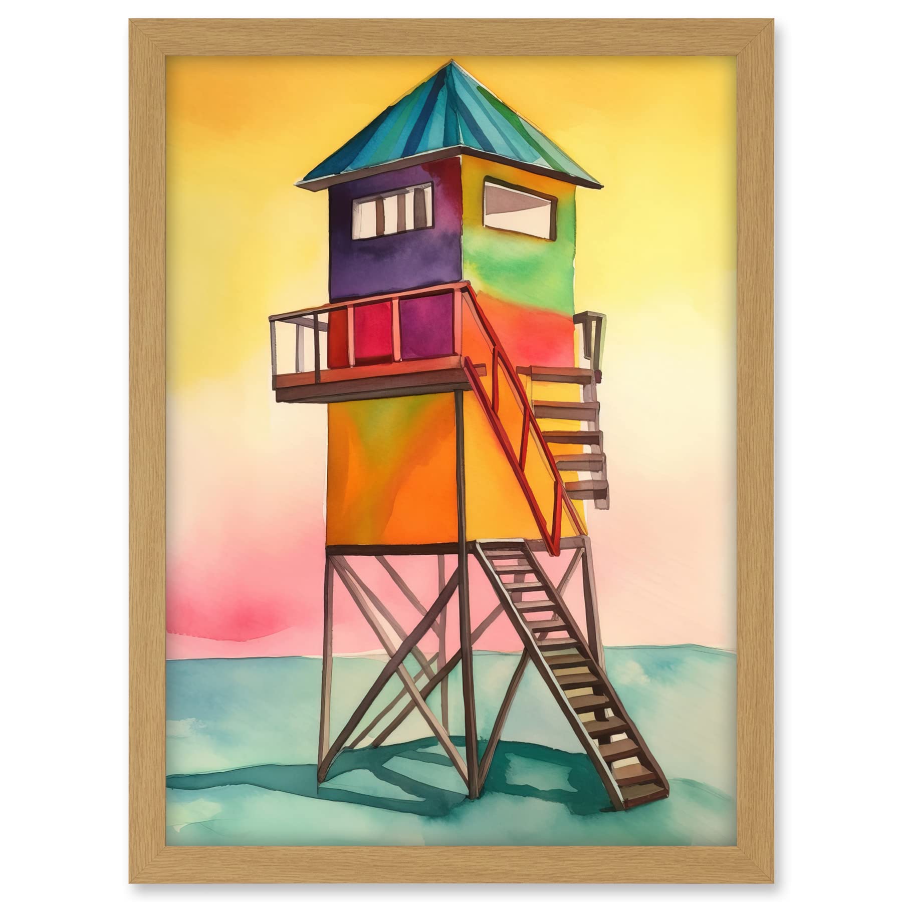 Artery8 Rainbow Lifeguard Tower Folk Art Watercolour Painting Artwork Framed A3 Wall Art Print