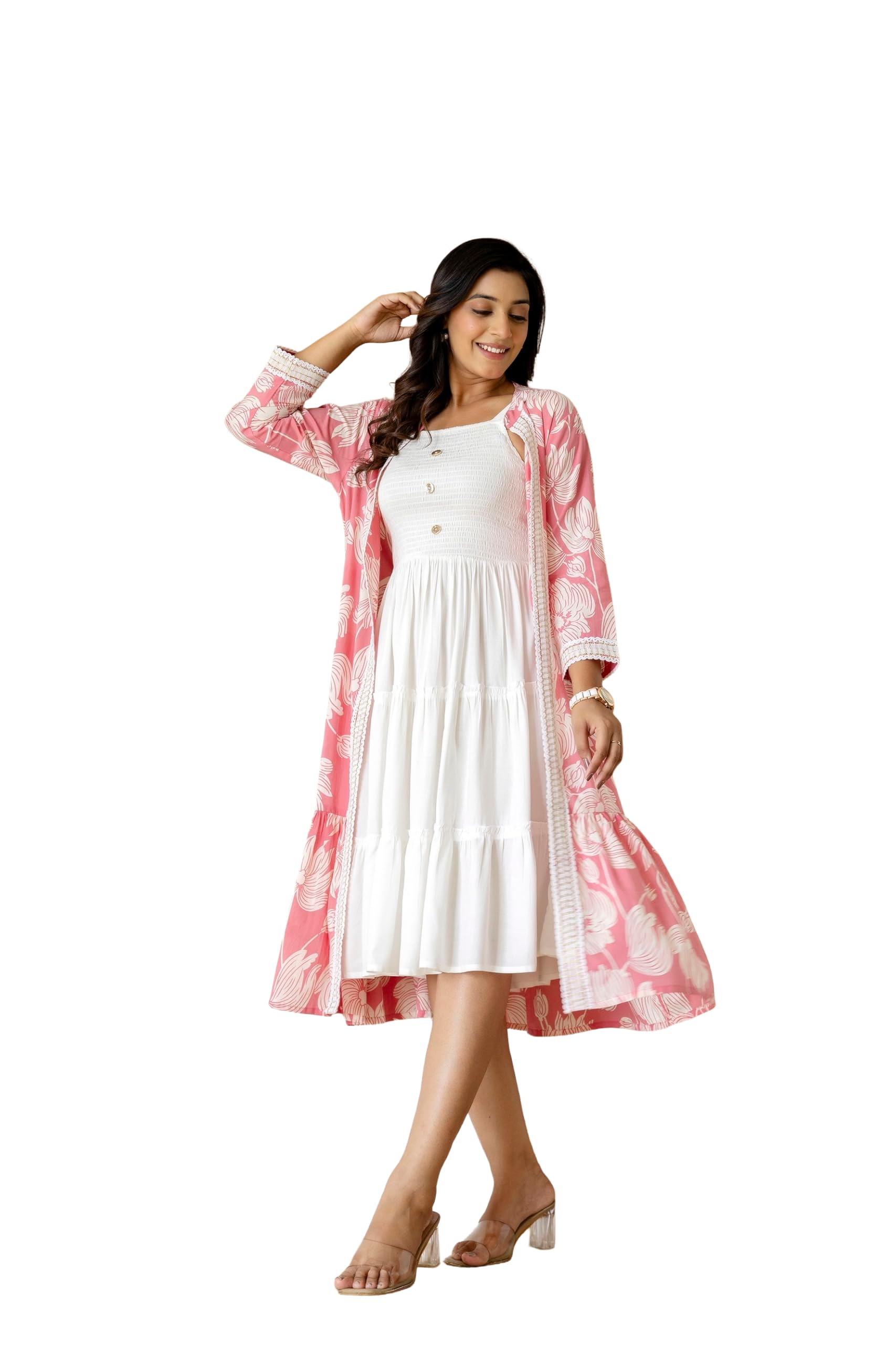 Elegant Discharge Print Cotton Shrug with Rayon Sleeveless Midi Dress-image-39