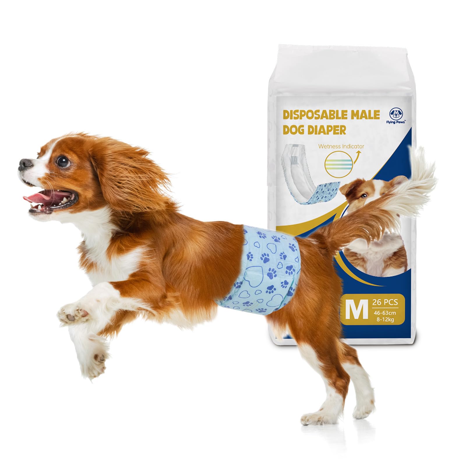 Flying Paws Dog Nappies Male 26 count M, Disposable Wetness Indicator Male Dog Diapers, Adjustable Super Absorbent Warps