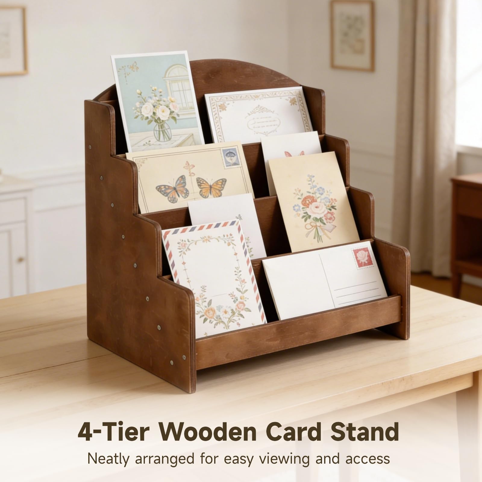 4-stöckiger Holz-Kartenständer, 33,5 x 30,5 x 26 cm Sperrholz-Postkartenhalter, Karten-Organizer-Regal, Verkaufsdisplay für Grußkarten, Fotos und Kleinteile