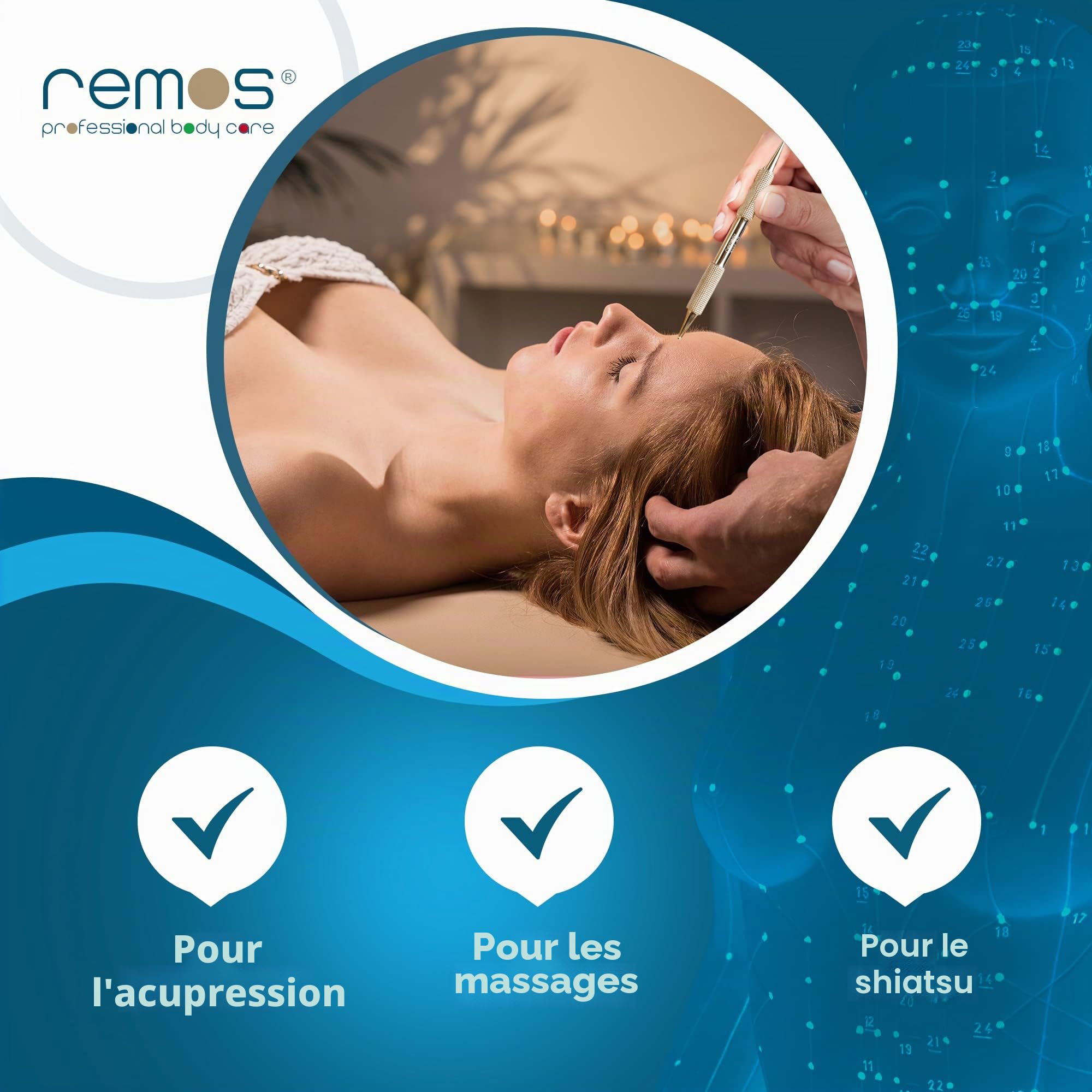 REMOS Bâton d'acupressure et méridien -laiton- 10cm Ø-boule 2.5/4.5 mm