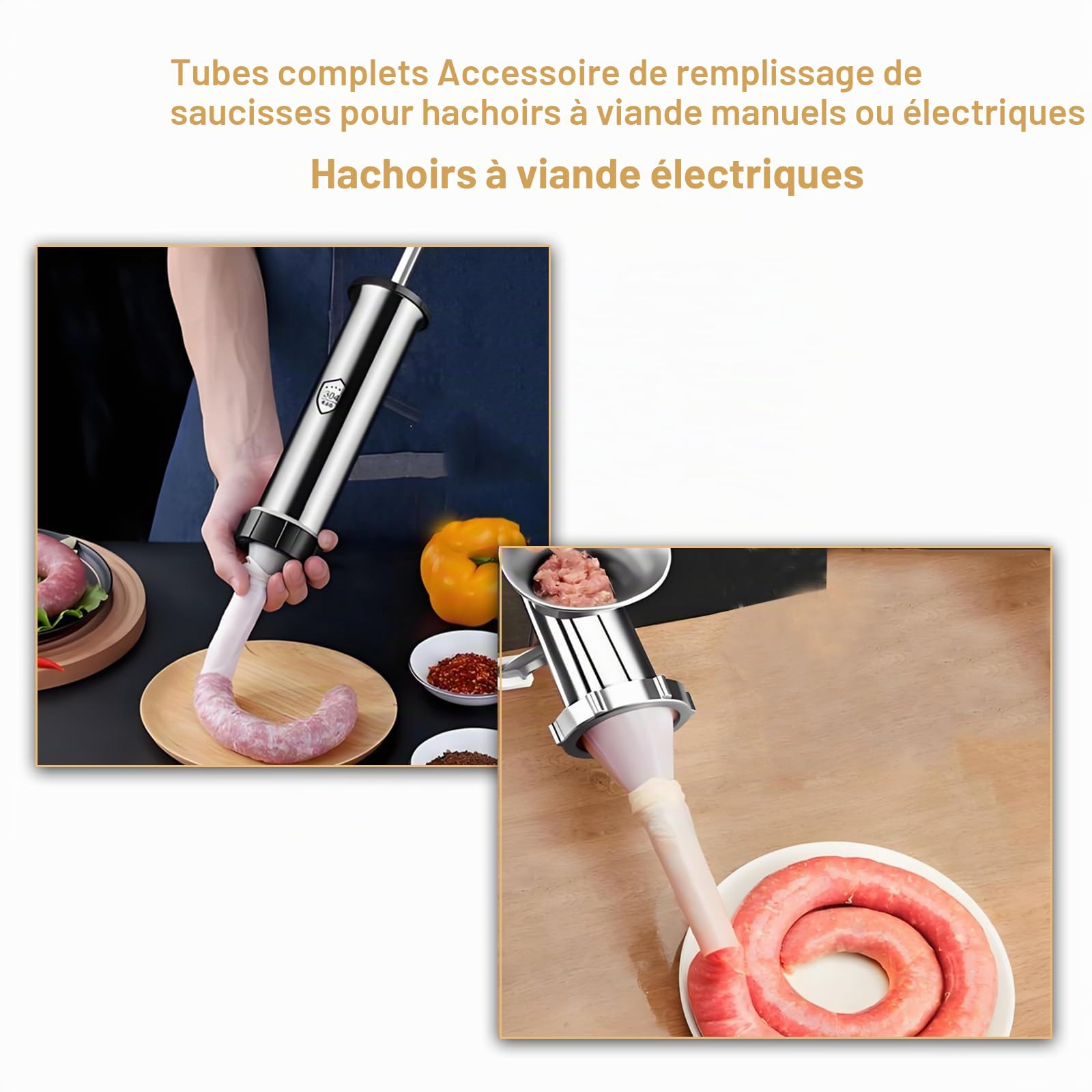 Tube à Saucisse Lot de 3 Tubes de Remplissage en Acier Inoxydable | pour Hachoir à Viande Manuel ou Électrique Taille 8 - Compatible Lave-Vaisselle