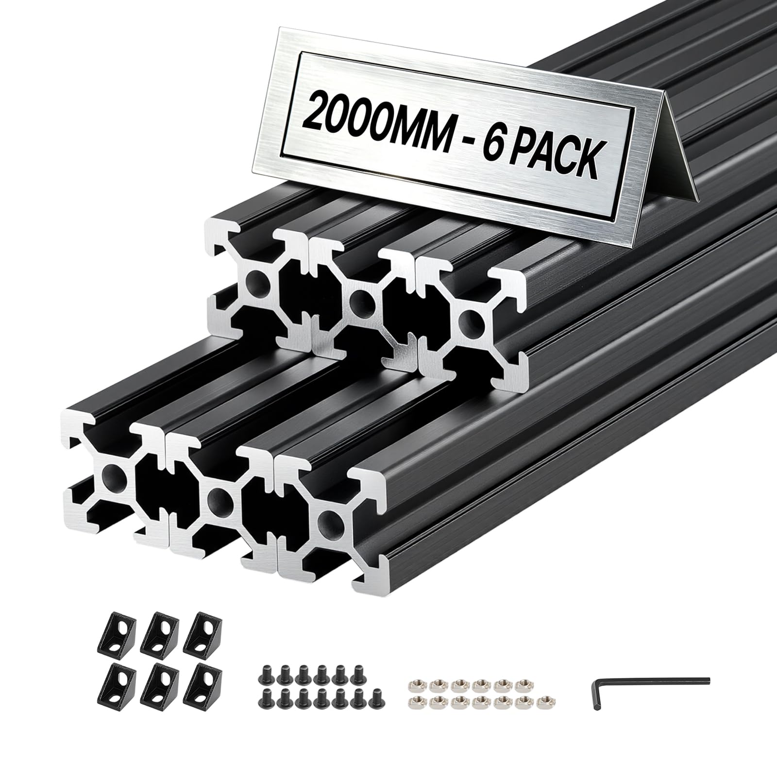 VEVOR 2020 Aluminium Profile 6 Stk. 2 m, Eloxierte T-Nut-Aluprofile nach EU-Standard, Hochfestes Strangpressprofil, Aluminiumschiene für 3D-Druckerteile, CNC-DIY-Werkbänke und Montage, Schwarz