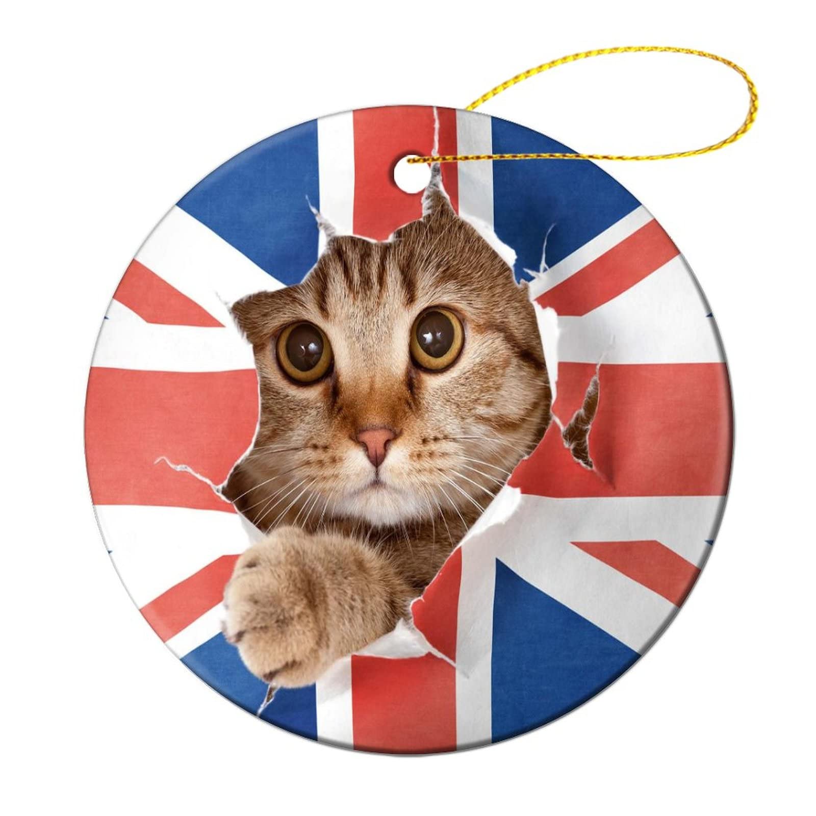 Ledong Nixile Trading Co., Lt Golden Christmas Baubles Pussycat Tearing Up The Union Jack Flag Xmas Tree Ornament Hanging Ceramics Ornaments Ceramics Christmas Tree Decorations For Decor Home Xmas Holiday 7.3Cm