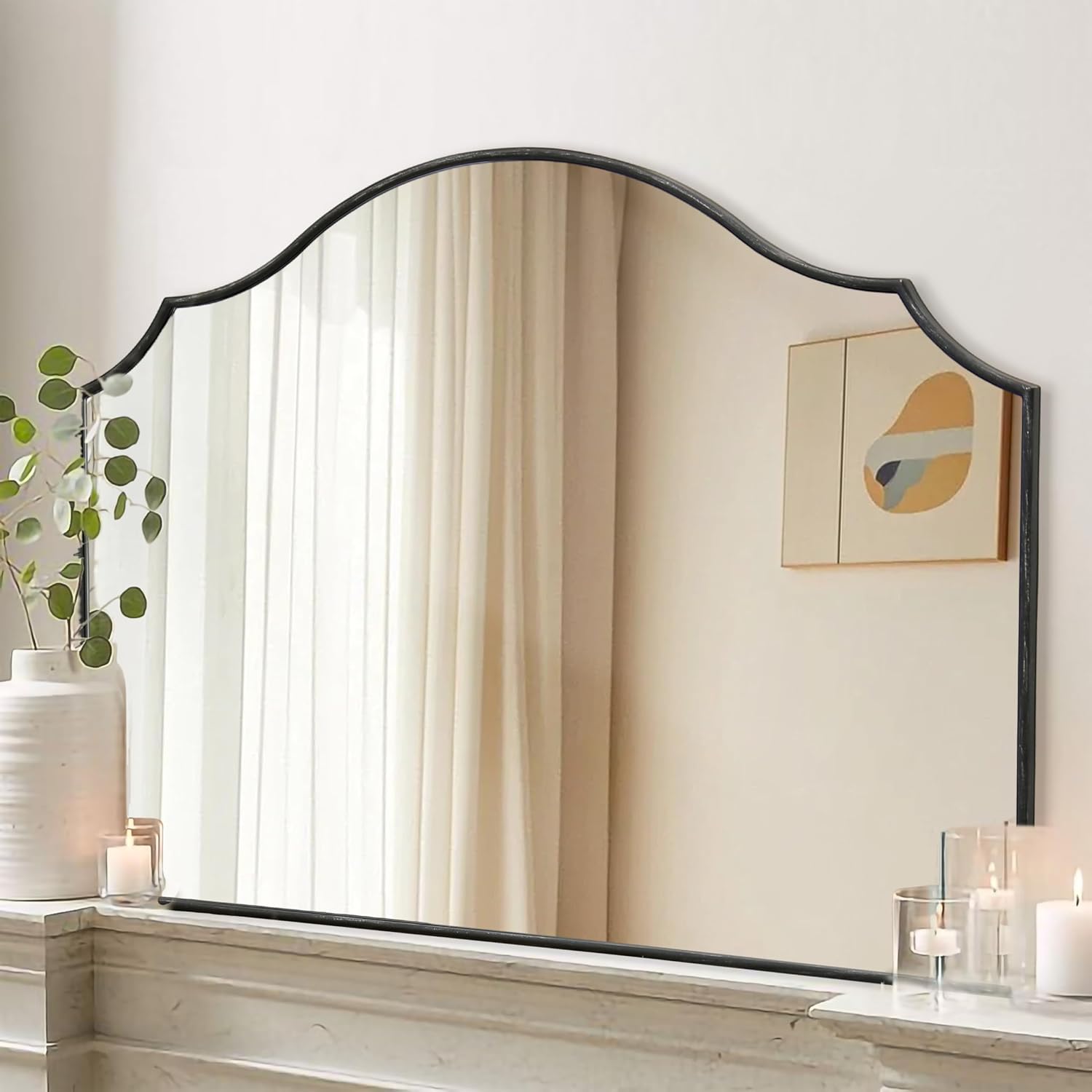 Besdomus 40x29 Black Scalloped Arched Wall Mirror - Modern Wooden Dresser Mirror for Bathroom, Bedroom, Fireplace, Vanity