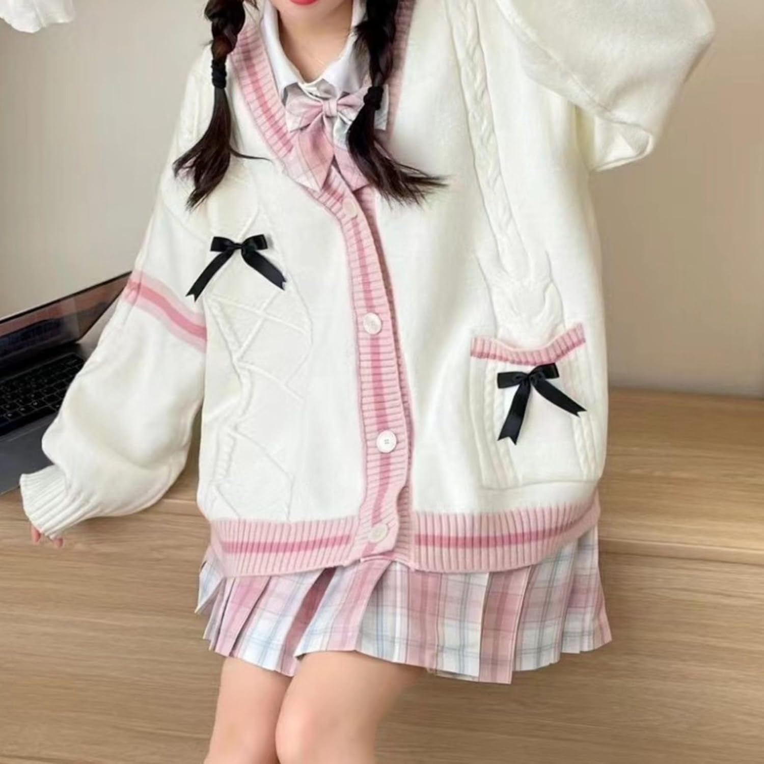 FindThy Women’s Kawaii JK School Uniform Cardigans Long Sleeve Button Up Cardigan with Pinned Bowknot - Image 4