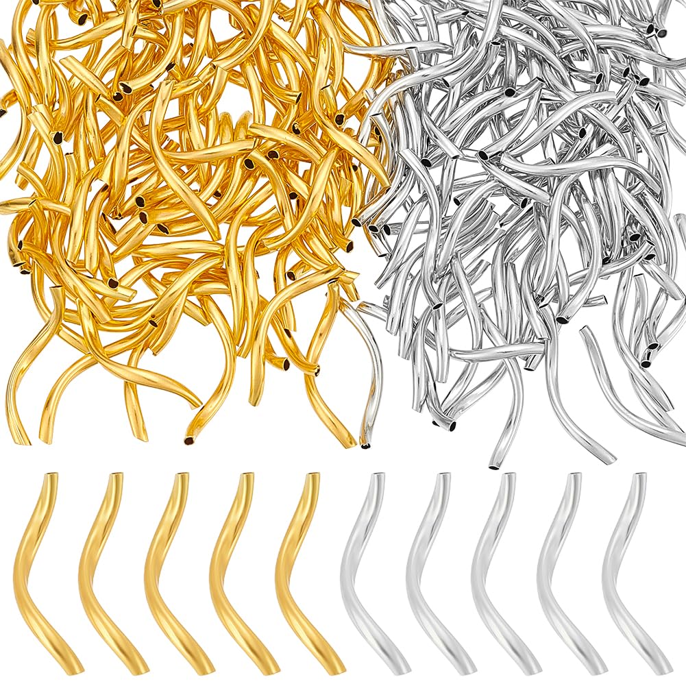 UNICRAFTALE 200Pcs 2 Colors Twist Tube Beads Metal Spacer Beads Curved Beads Metal Noodle Beads Long Golden Large Noodle Spacer Connectors for DIY Jewelry Making Bracelets Necklaces Findings