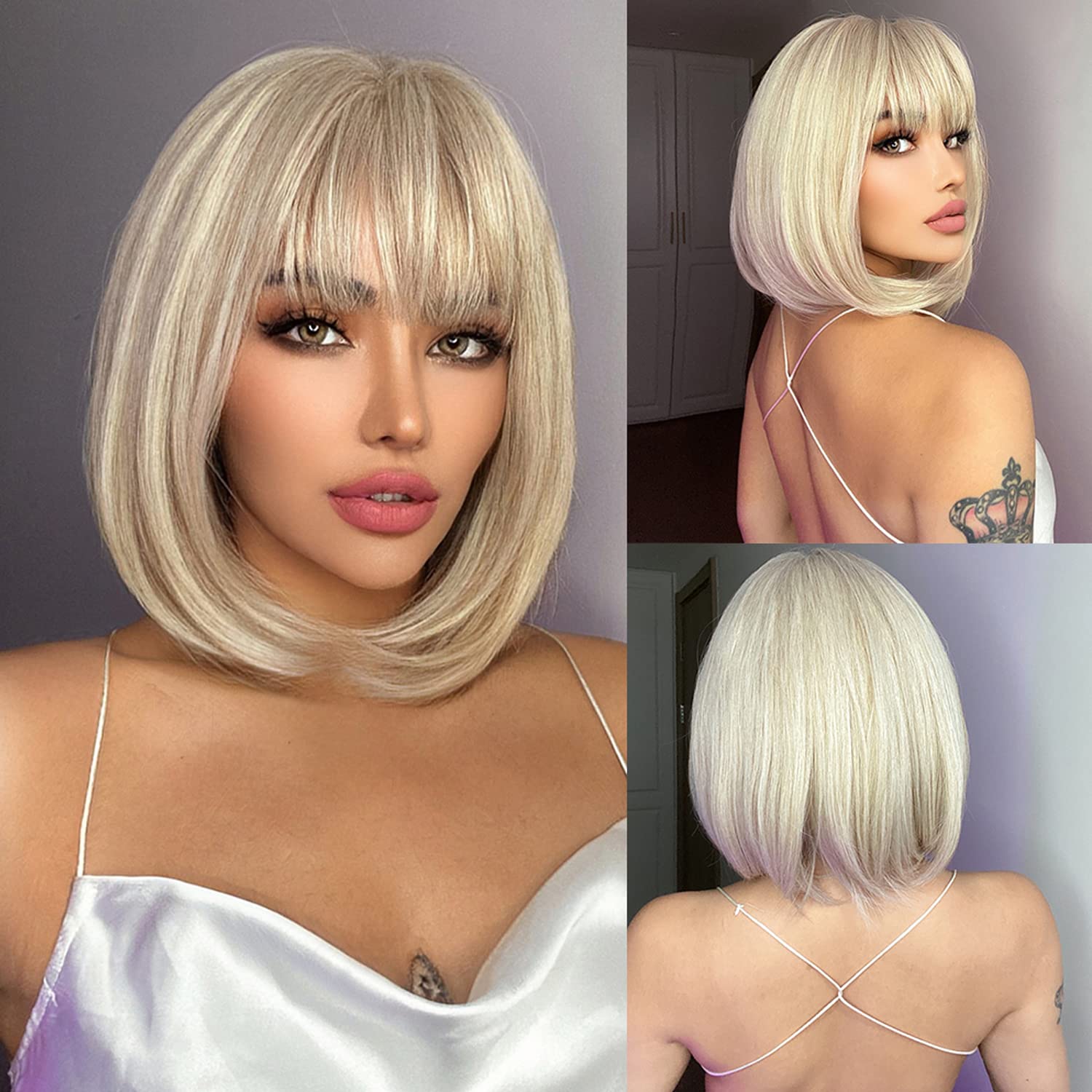 incohair Bob Wig,Ash Blonde Wig with Bangs Short Bob Blonde Wig Heat Resistant Synthetic Straight Wigs for Women (11inch,Ash Blonde)