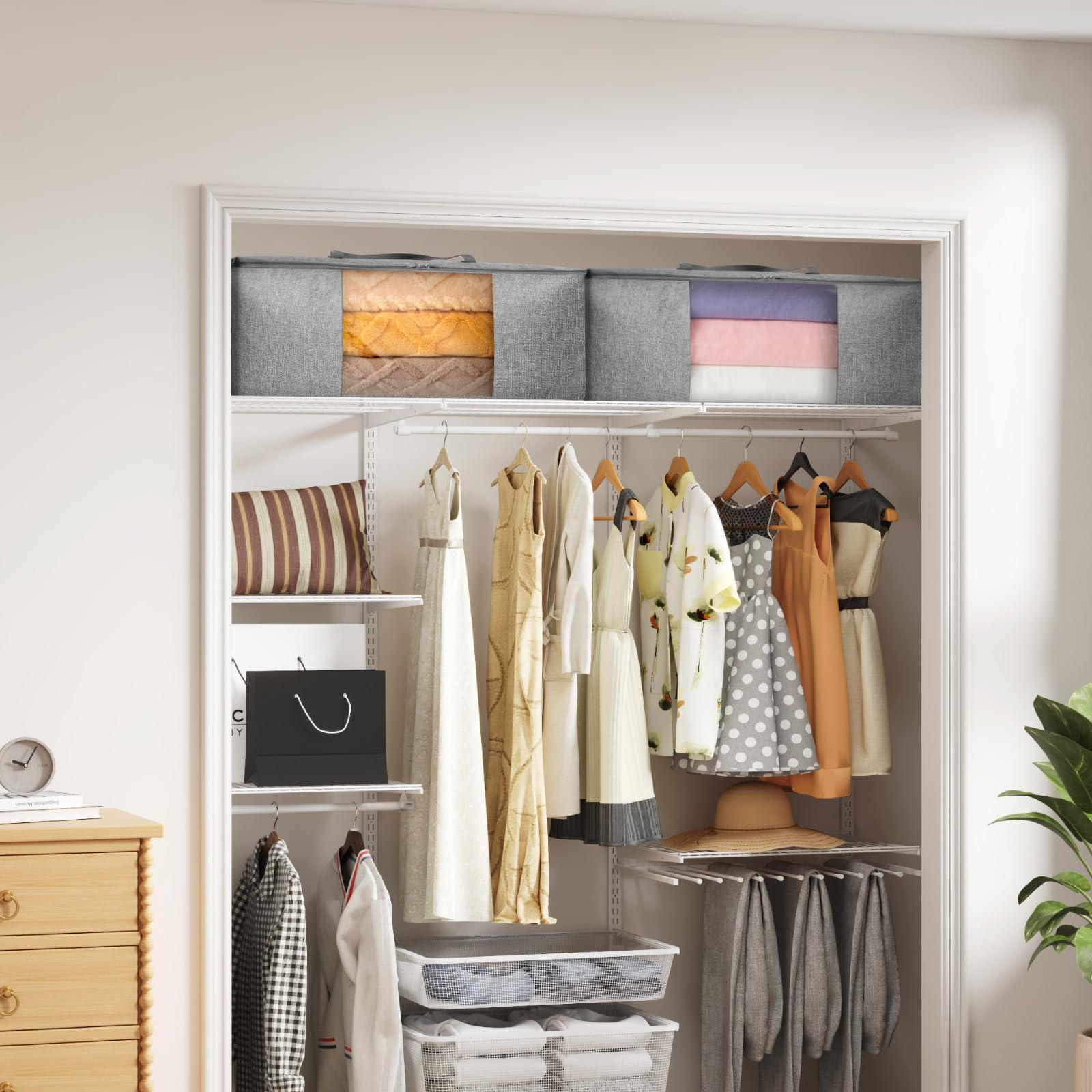 Lifewit 105L Grandes Bolsas de Almacenamiento de Ropa Cama de 4 Piezas, Cajas de Almacenaje Sabanas con Cremallera y Manijas, Organizador Edredon Cama para Armario/Dormitorio/Bajo Cama