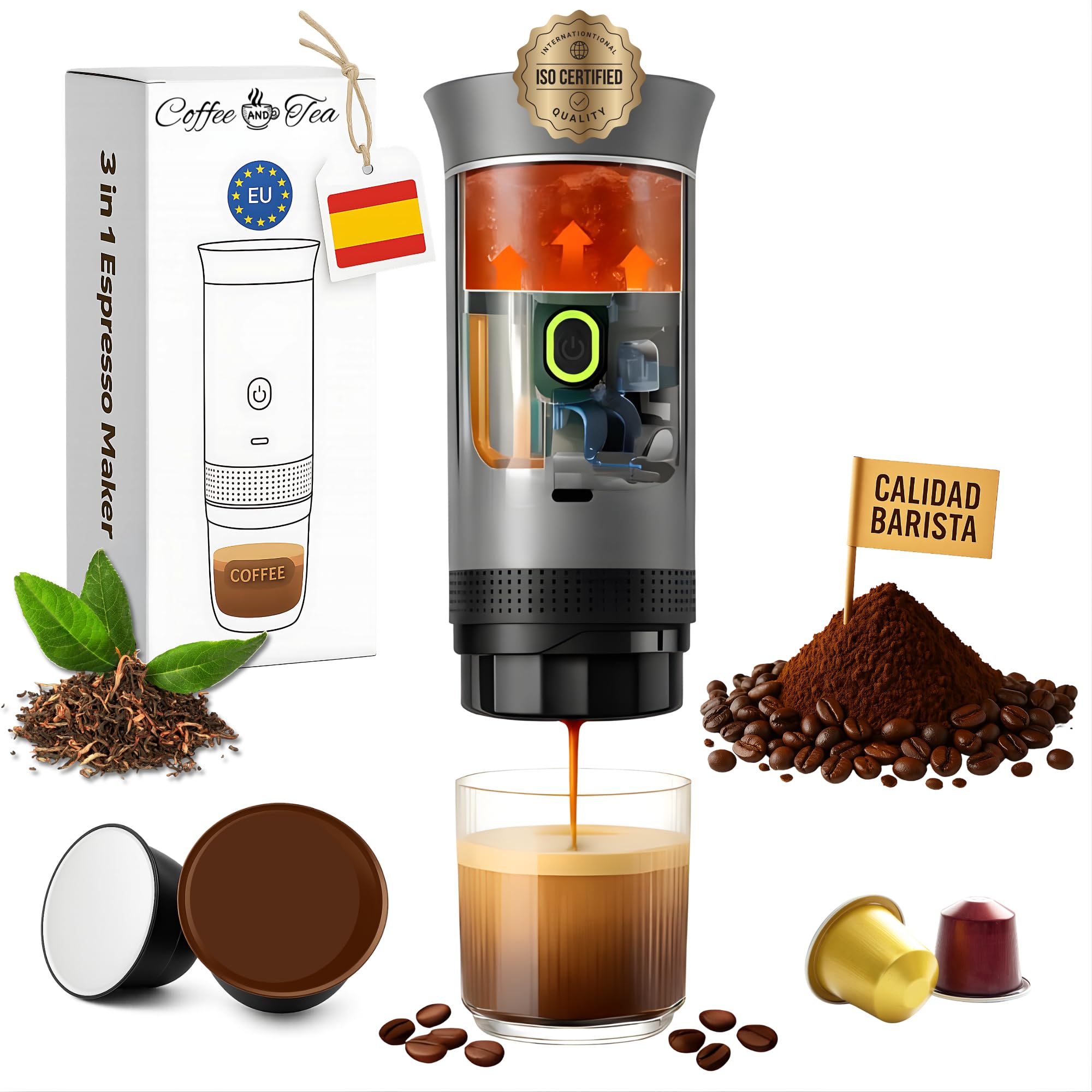 Macchina Caffè Portatile Capsule Ricaricabile USB, Macchina da Caffè Portatile Multicapsula e Caffè Macinato con Riscaldamento Automatico, Ideale per Viaggi, Campeggio, Ufficio e Auto (Grigio)