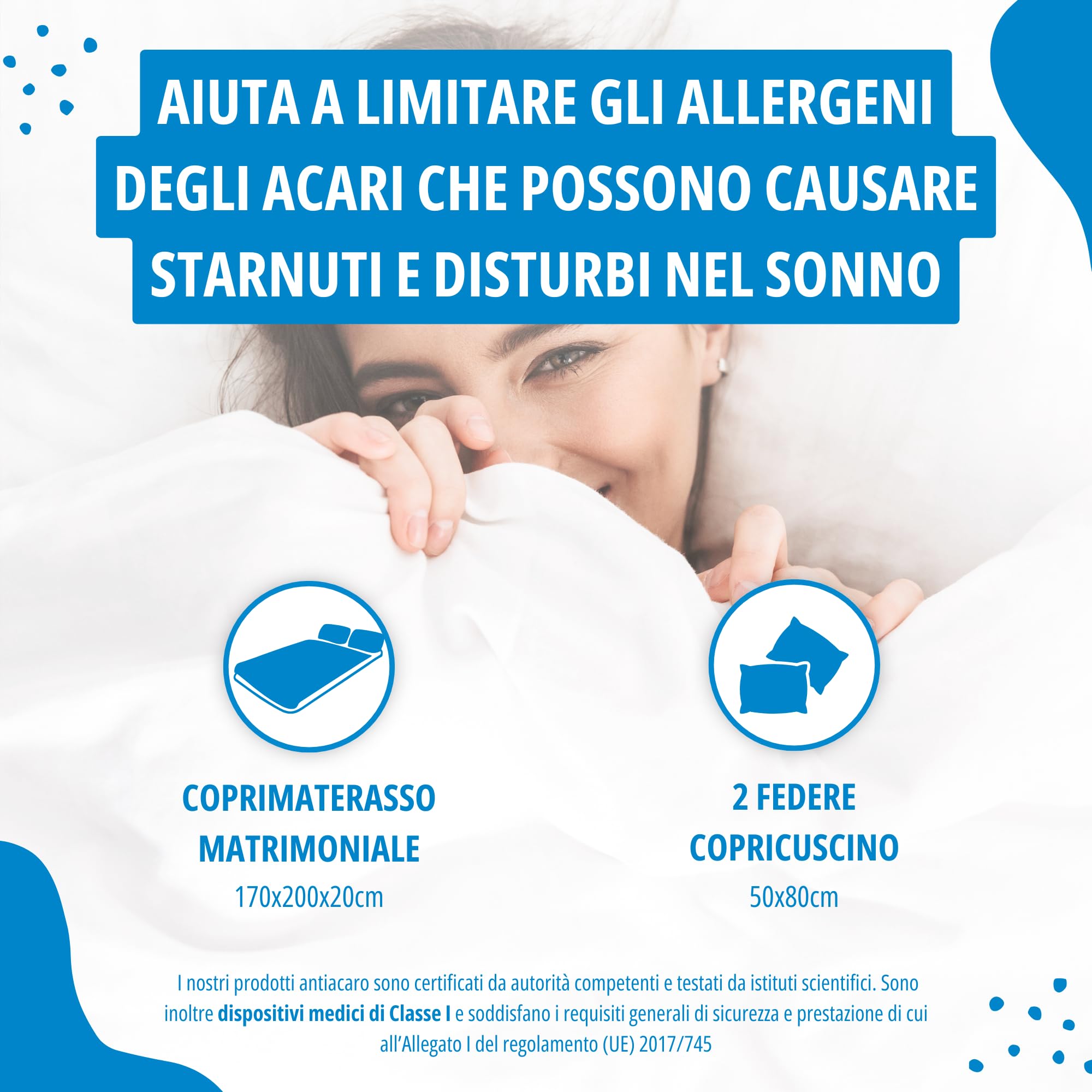 Allergosystem Set Coprimaterasso Antiacaro Matrimoniale con Cerniera 170x200x20cm e 2 Federe Cuscino Letto 50x80cm - Dispositivo Medico Antiacaro e Anallergico MADE IN ITALY - Linea Nuvola