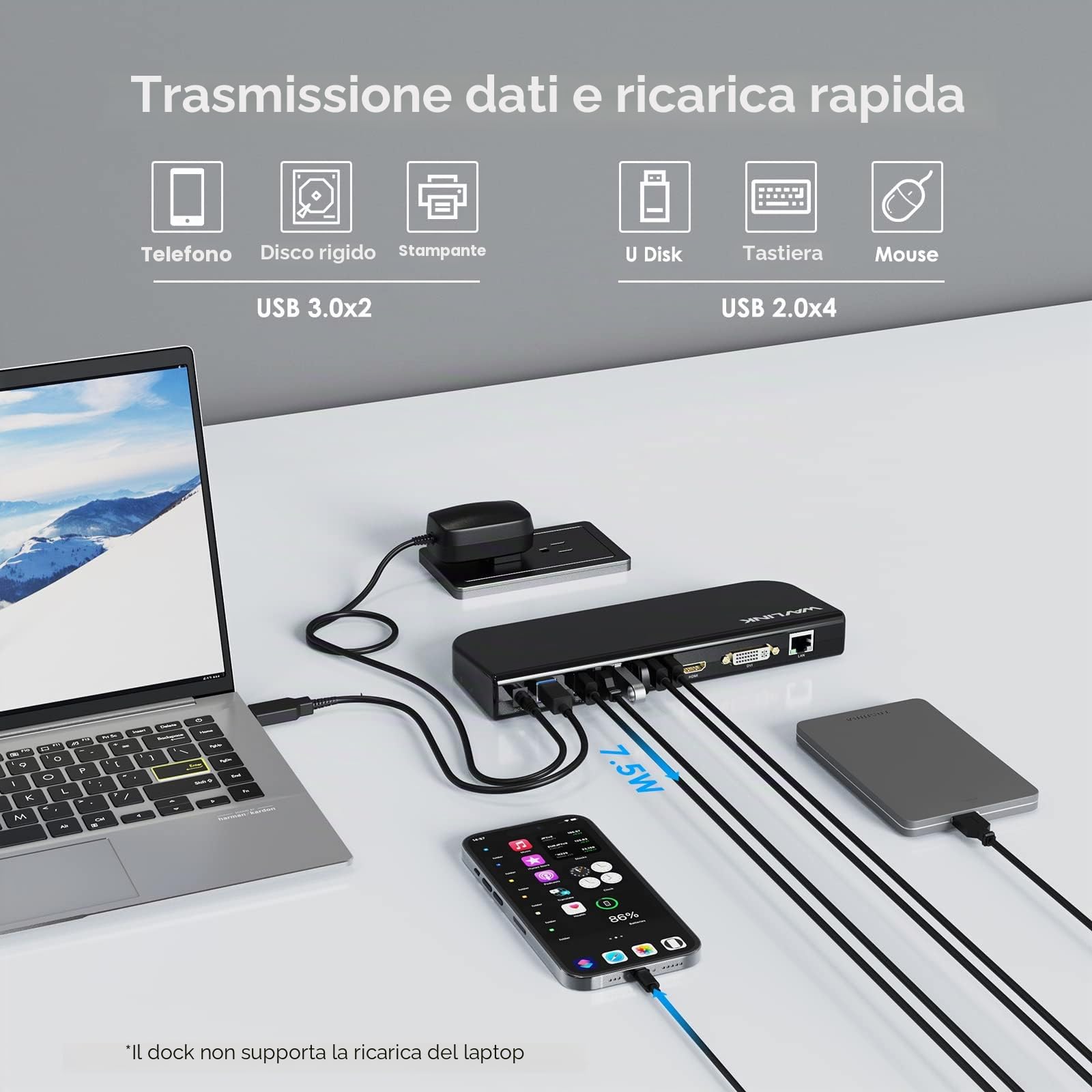 WAVLINK USB 3.0 / USB C Laptop Docking Station per Windows e macOS (doppio monitor: HDMI e DVI/HDMI/VGA, Gigabit Ethernet, audio, 6 porte USB)