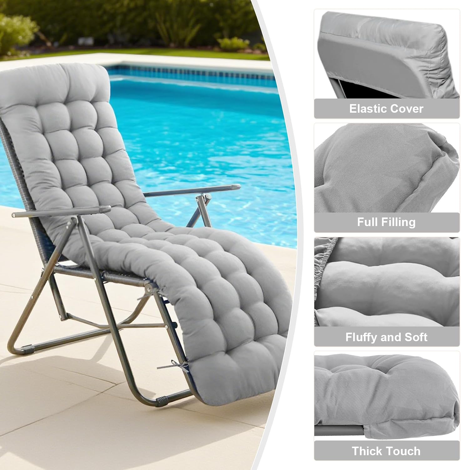 ERWUDEling Lounge Chair Cushion 67 x 19 Inch, Outdoor Chaise Lounge Cushion 4" Thick Waterproof Replacement Cushion for Patio Furniture, Zero Gravity Chair Pad with Ties, Non-Slip, Washable (Gray)