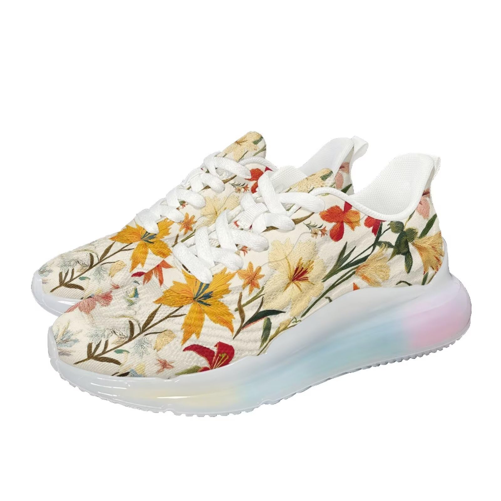 Fuxowvby Simple Flower Shoes for Women Casual Comfortable Lace-Up Air Cushion Lightweight Workout Running Sneaker for Ladies Anti-Skid Breathable Footwear Walking Hiking Sneakers US 6