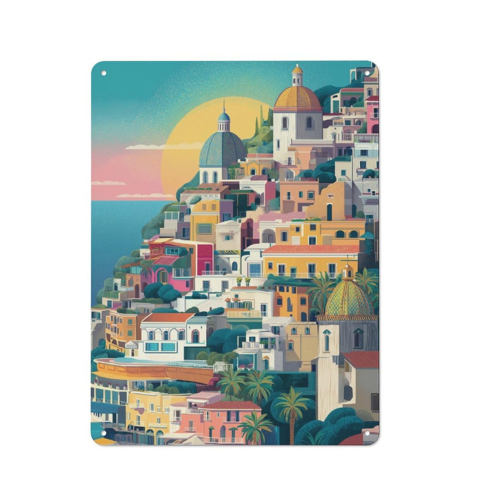 Junmoney Colorful Coastal Village Sunset Retro Metal Sign 40X30cm, Classic Pub Decor For Cafe, Pub, Workshop Or Home Bar, For Casual British Interiors