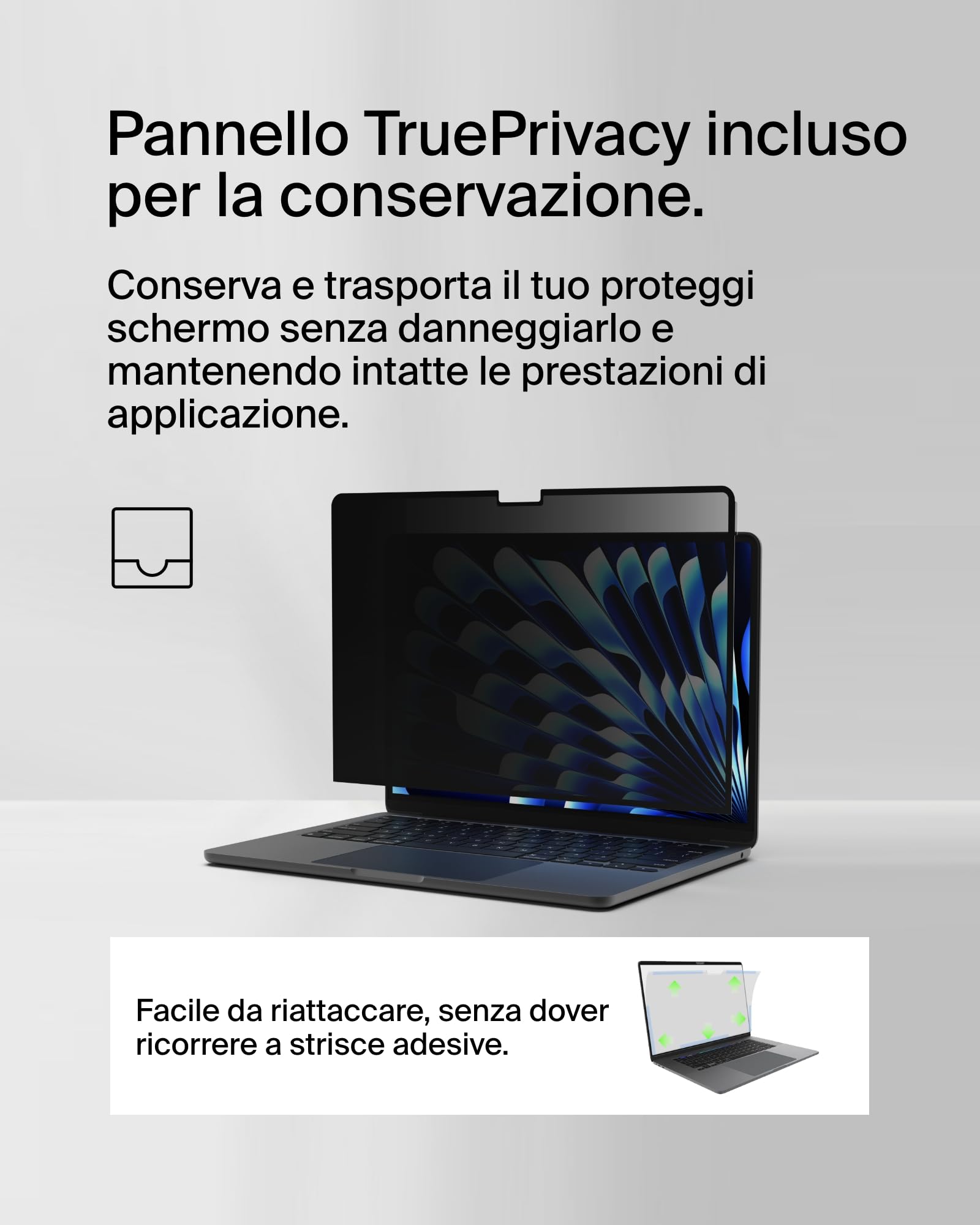 Belkin ScreenForce TruePrivacy - Pellicola protettiva per MacBook Air 15 M2, antiriflesso, durezza 2H, rimovibile e riutilizzabile, con attacco in silicone, facile applicazione a scatto e sganciamento