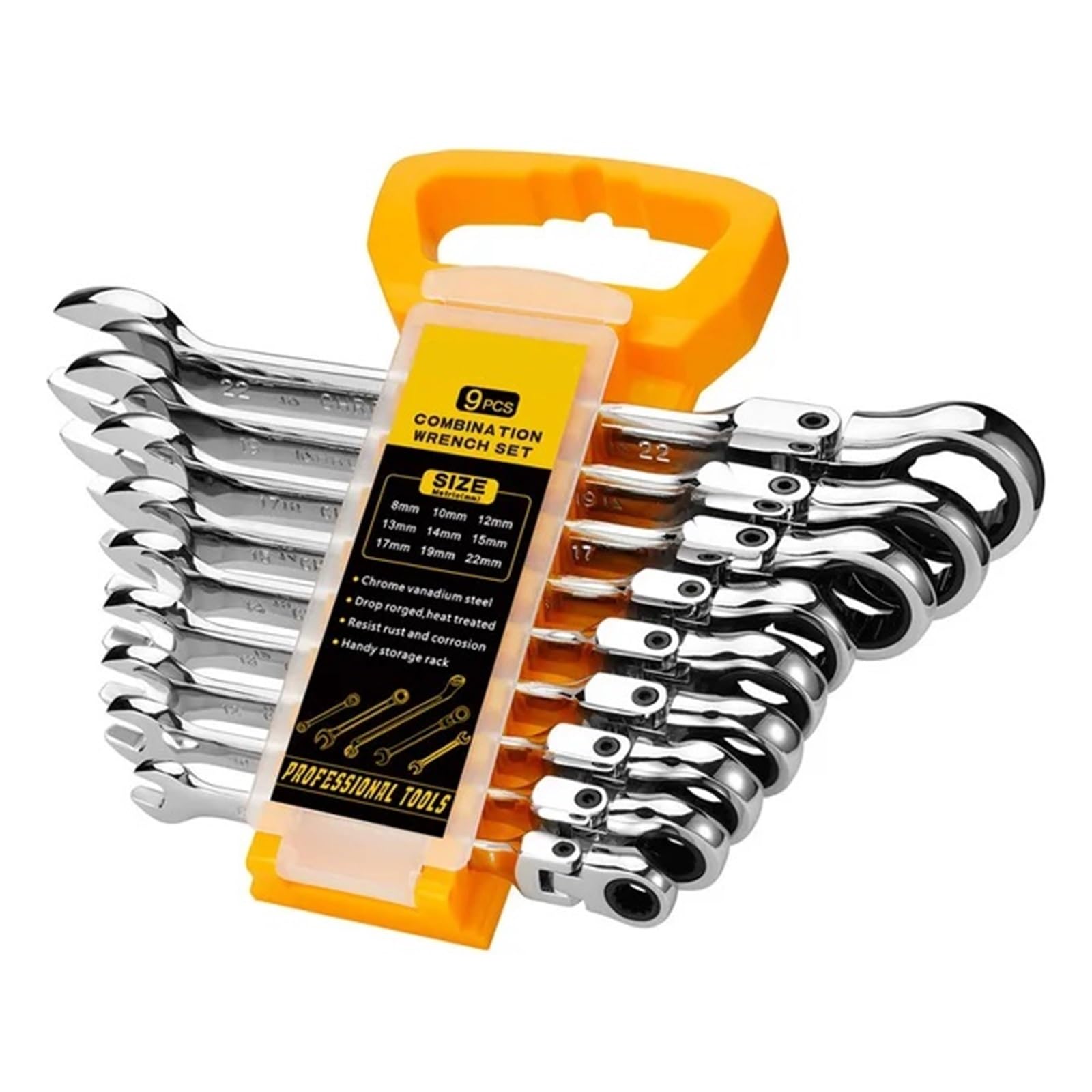 Set Di Chiavi A Cricchetto Con Testa Flessibile, Kit Combinate, Metriche Standard Da Ingranaggio A Punta Supporto Organizer Elevata Compatibilità(9pcs(8-22mm))