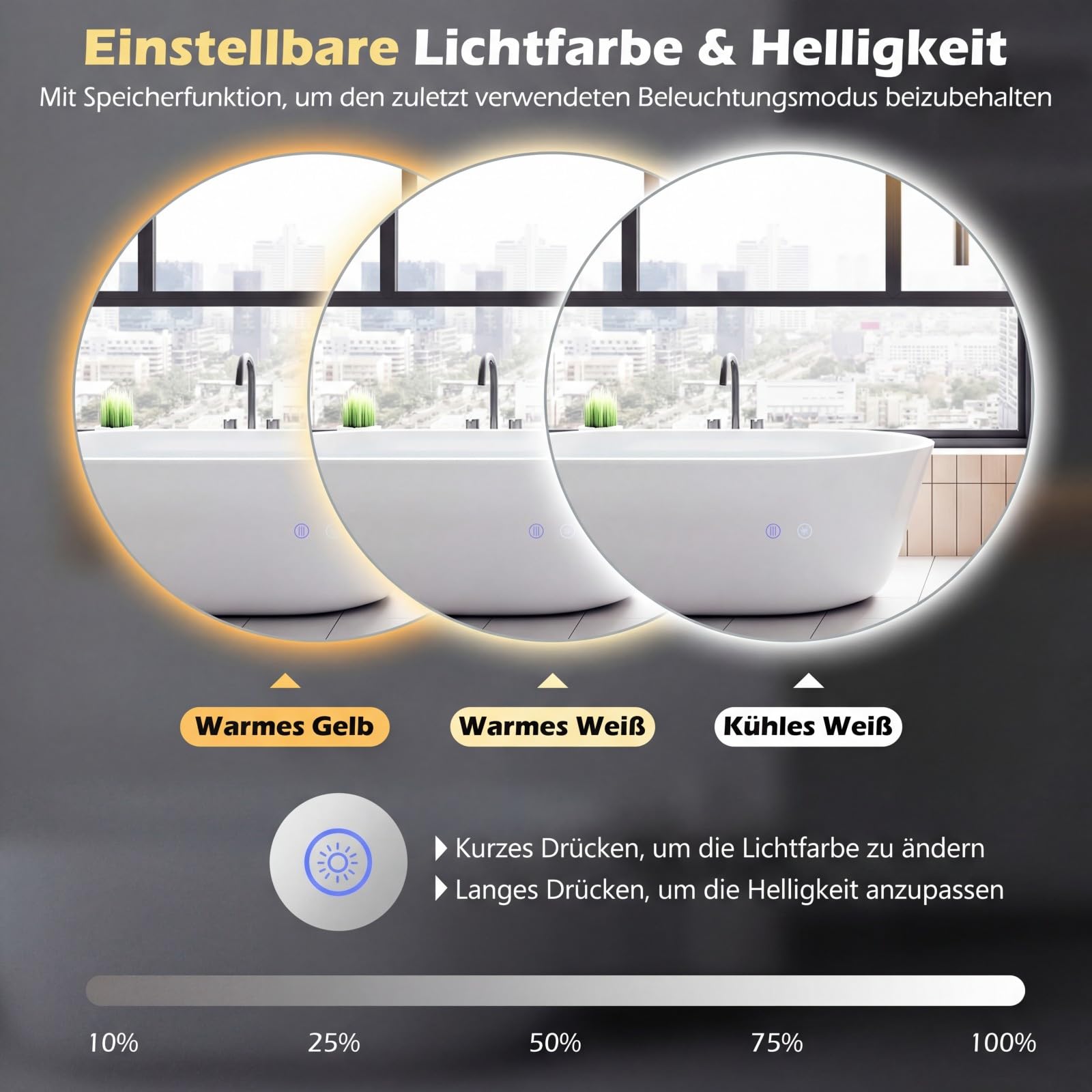 COSTWAY Spiegel mit Beleuchtung, runder Badezimmerspiegel aus gehärtetem Glas mit Speicherfunktion & Beschlagfrei-Design, Badspiegel mit Hintergrundbeleuchtung, Smart Touch, für Badezimmer (60 cm)