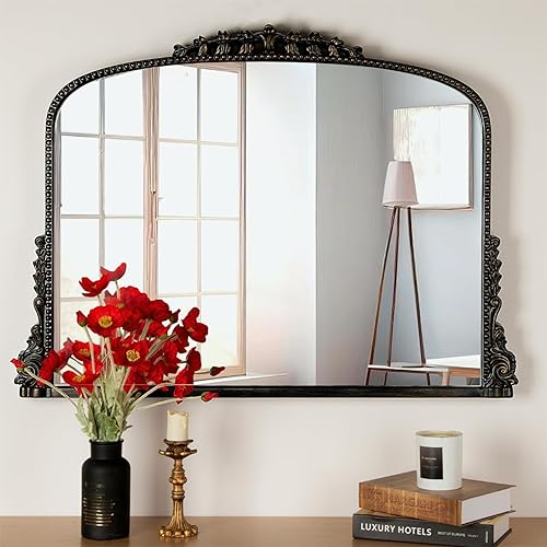 SHYFOY Espejos antiguos de color negro y dorado para decoración de pared, parte superior festoneada barroca, espejo de pared vintage, espejos