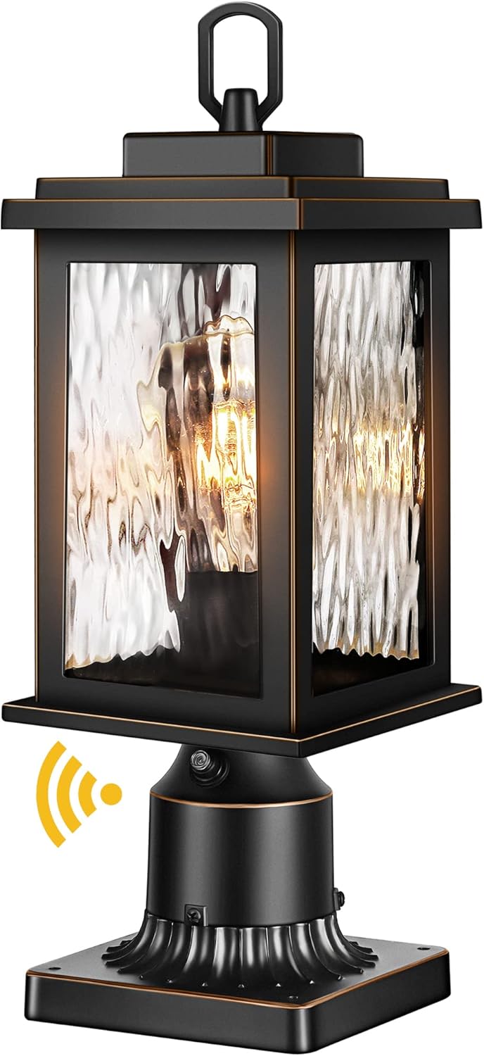 VIANIS Dusk to Dawn Outdoor Post Light with Pier Mount Base, Hardwired 120V Waterproof Lamp Post Light Fixture, Black Aluminum 3-inch Exterior Post Lamp with Tempered Glass for Patio, Garden Standard Size Black(Gold Trim)