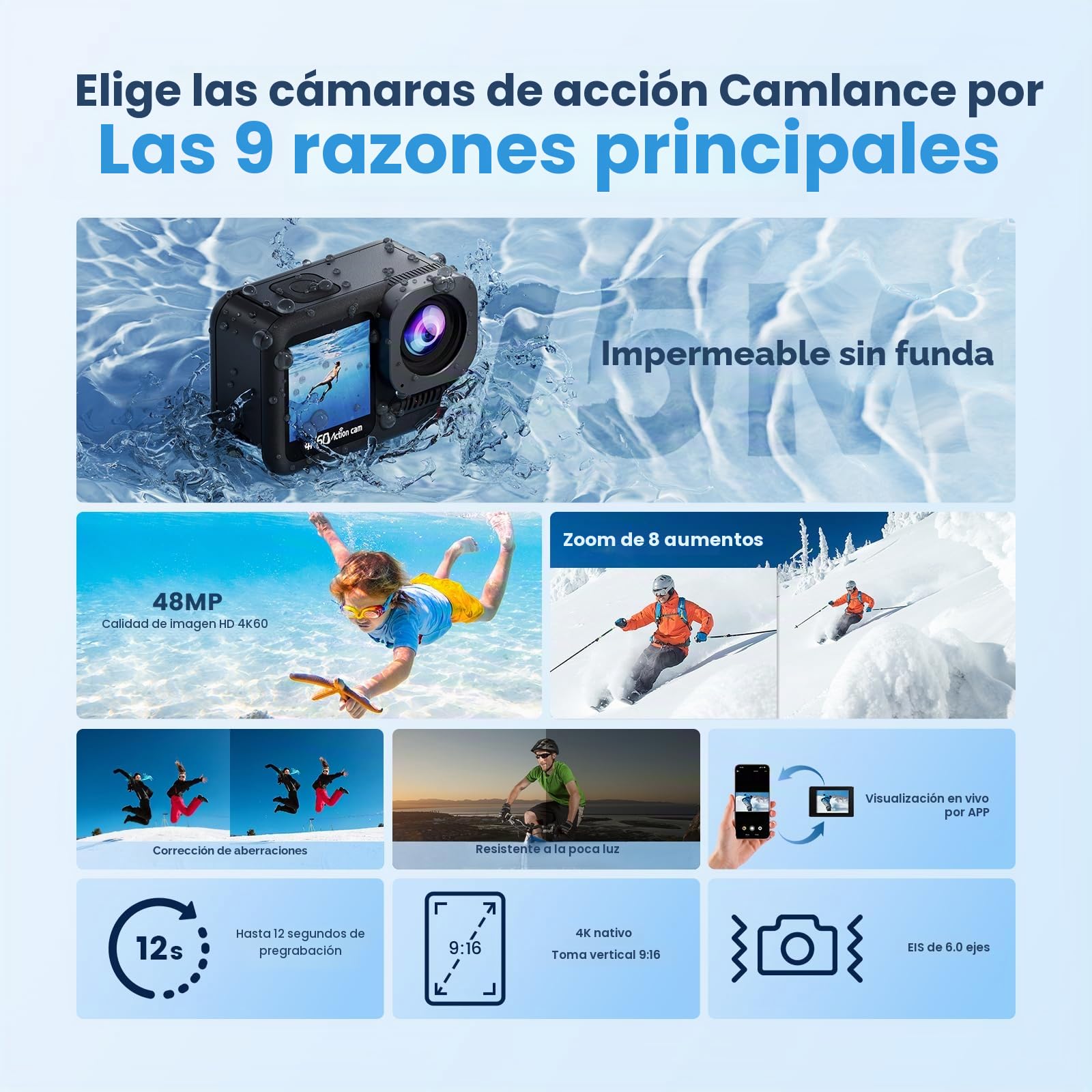 Cámara Deportiva con Pantalla táctil 4K60FPS.Cámara de acción de 64 MP con 64 GB.15M Cámara Subacuática. EIS-170° Camara Acción con Control Remoto,Zoom 8X -WiFi-2 * 1350 mAh Múltiples Accesorios.