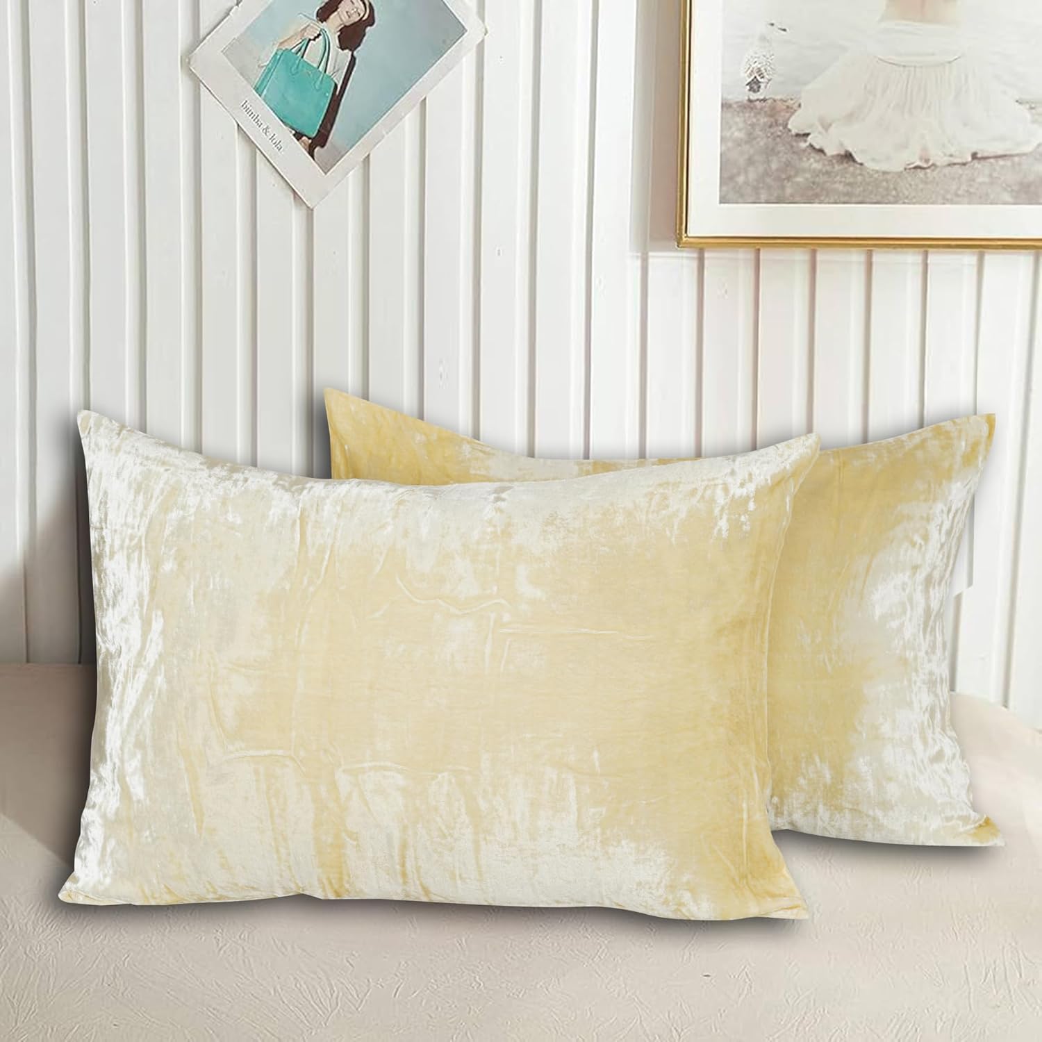 Luxe Boho Decor Art Pillowcase Set Solid Hippie Stylish UO Large Unique Velvet Pillow Cover Set of 2 (Custard Yellow, 24x24 Inches)
