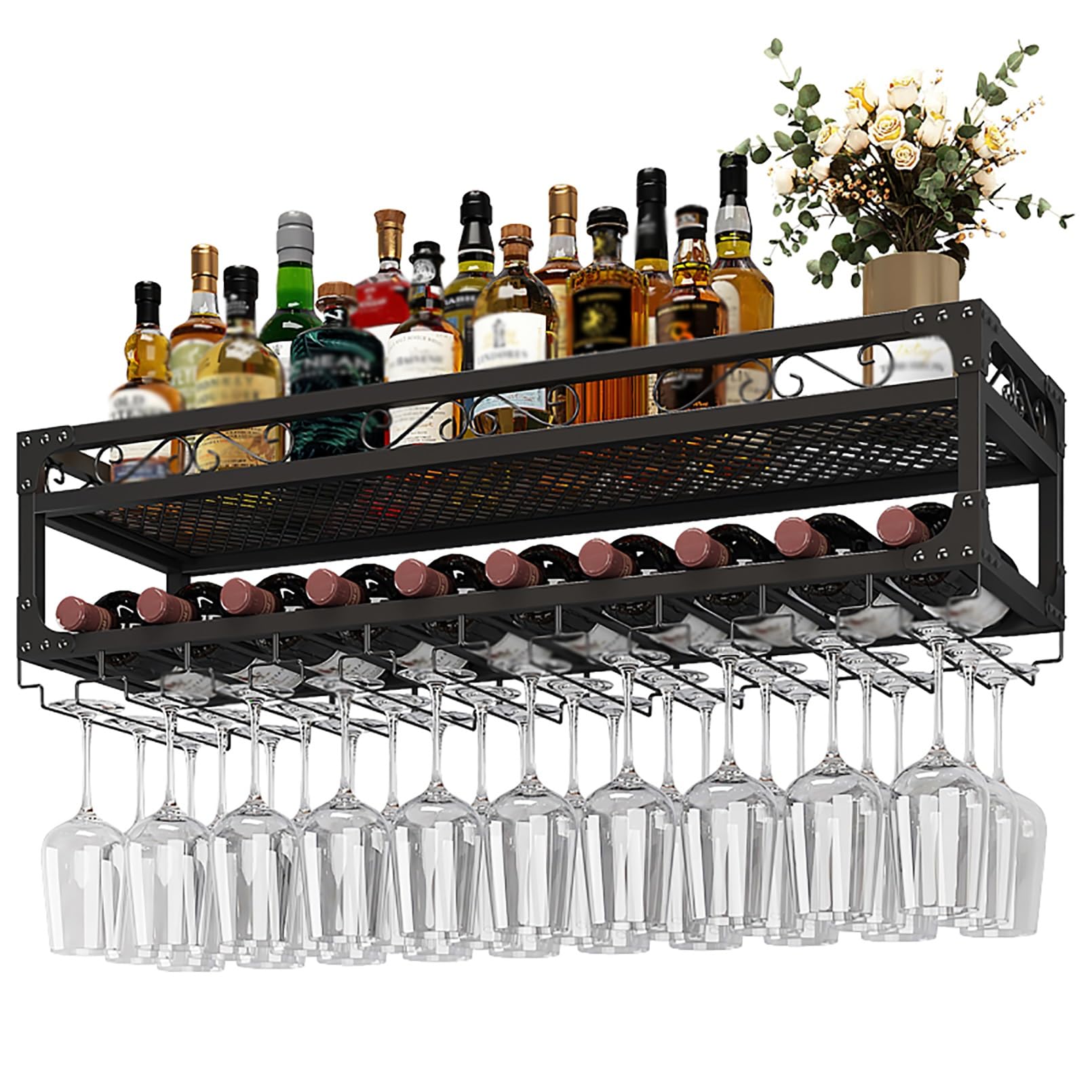 Porte-bouteilles en fer forgé haut de gamme et étagères flottantes de bar