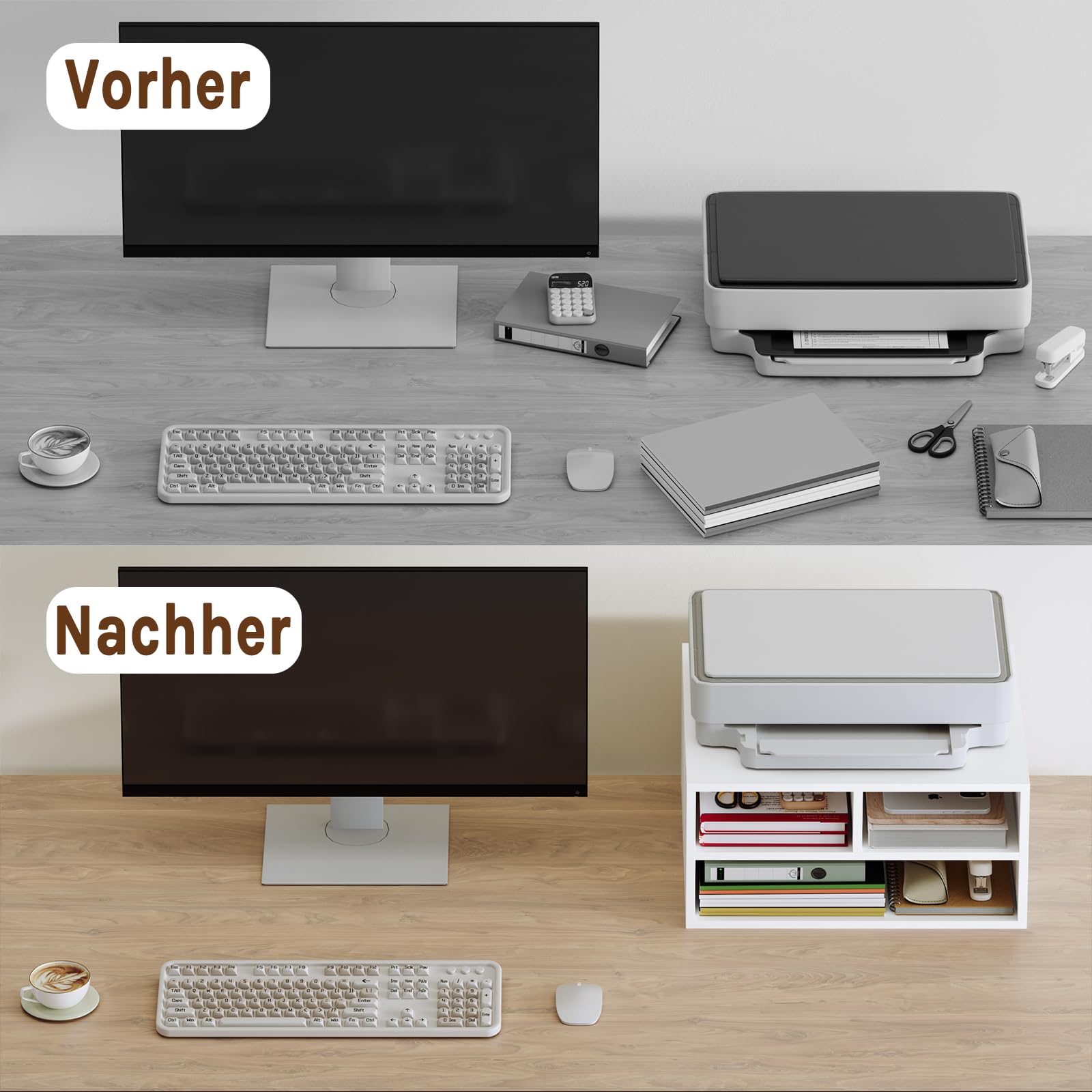 WOLTU Schedario da Ufficio a 2 Livelli con Custodia, Porta Stampante da Scrivania in Legno con 3 Scomparti per l'Ufficio, 47x40x22,5cm, Bianco, ASK15ws