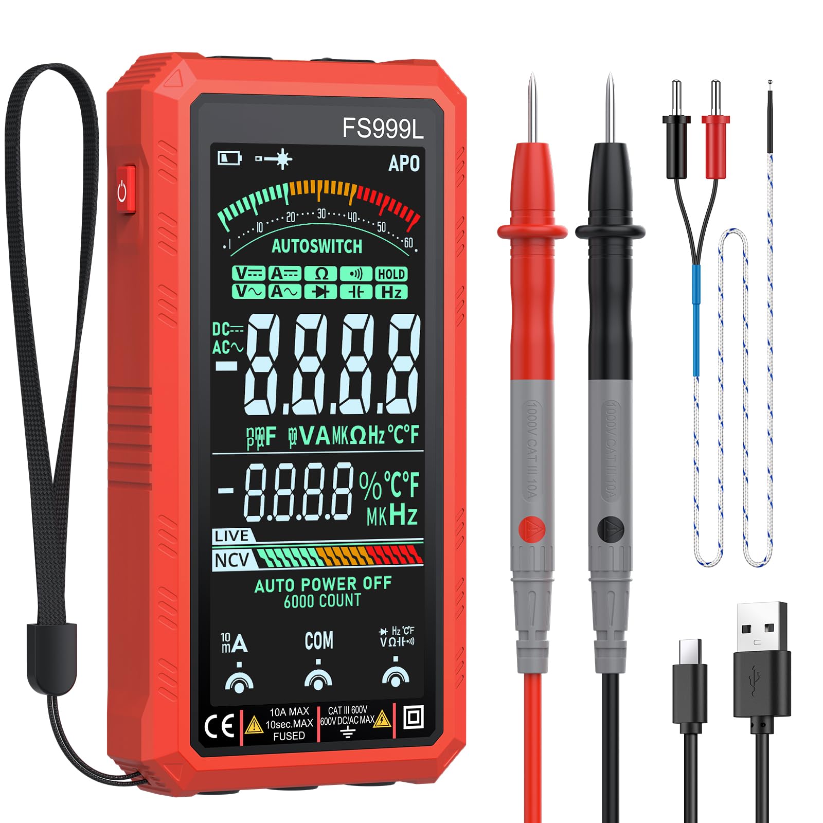 Proster Rechargeable Auto-Ranging Multimeter - 6000 Counts True RMS Digital Multimeter with 5.0 Inch Colour Screen, NCV, Capacitance, CAT III 600V Safety, USB-C Charging for Car & Home Use