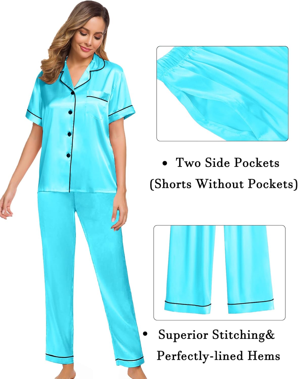 SWOMOG Womens Silk Satin Pajama Sets 3Pcs Button Down Pj Set Short Sleeve Sleepwear Loungewear Pjs Nightwear XS-XXL - Image 4