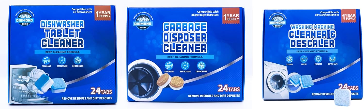 Diamond Shine Appliance Cleaner Bundle – 24 Tabs Each – Dishwasher Tablet, Garbage Disposer & Washing Machine Descaler – Septic Safe, Deodorizes, Fresh Scent – 1-Year Supply