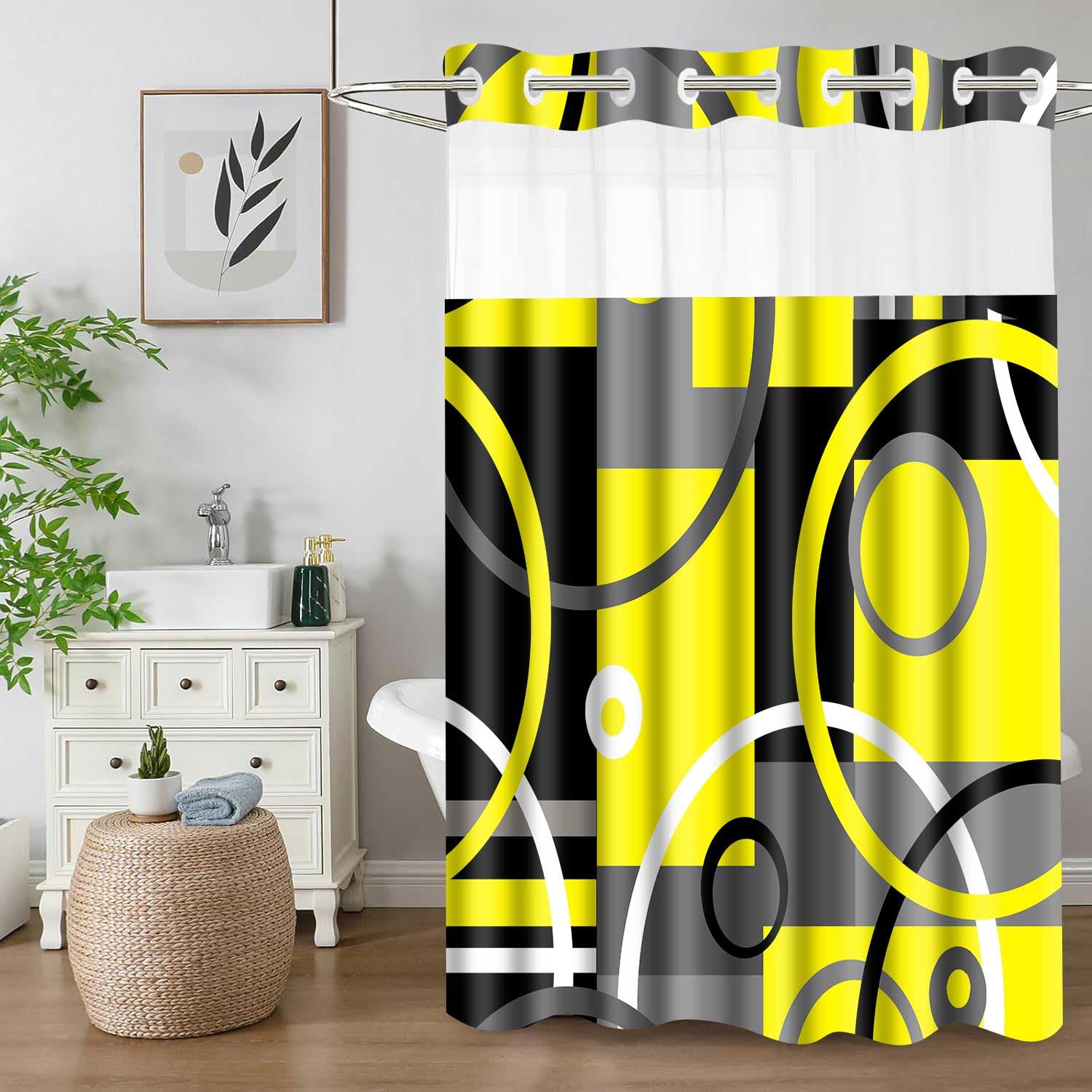 Rideau de douche abstraction bohème jaune au design géométrique simple et épuré