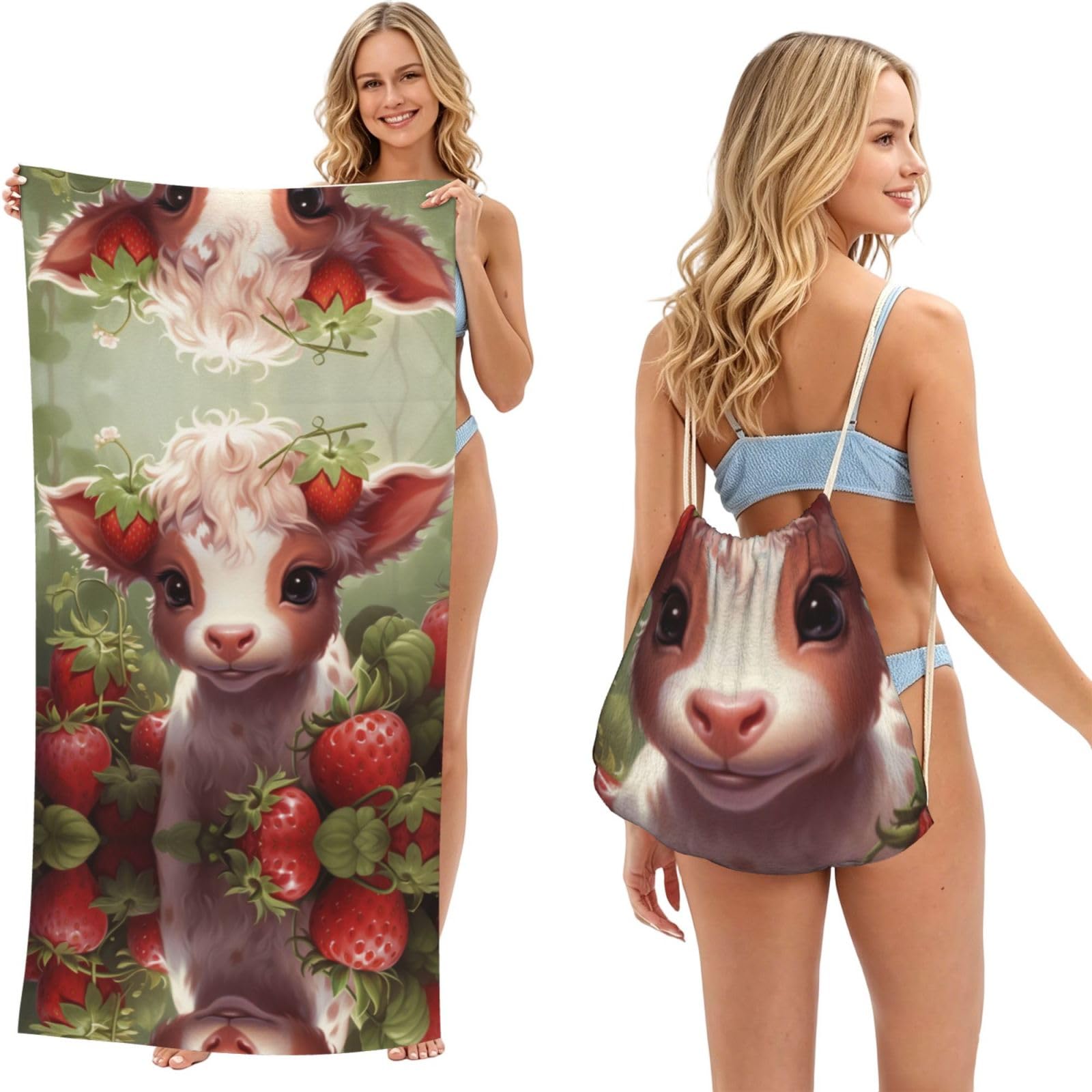 SXZVVBN Strawberry Cow in the Forest 2-in-1 Beach Towel Bag, Quick Dry Sand Free Travel Towel Backpack for Adults