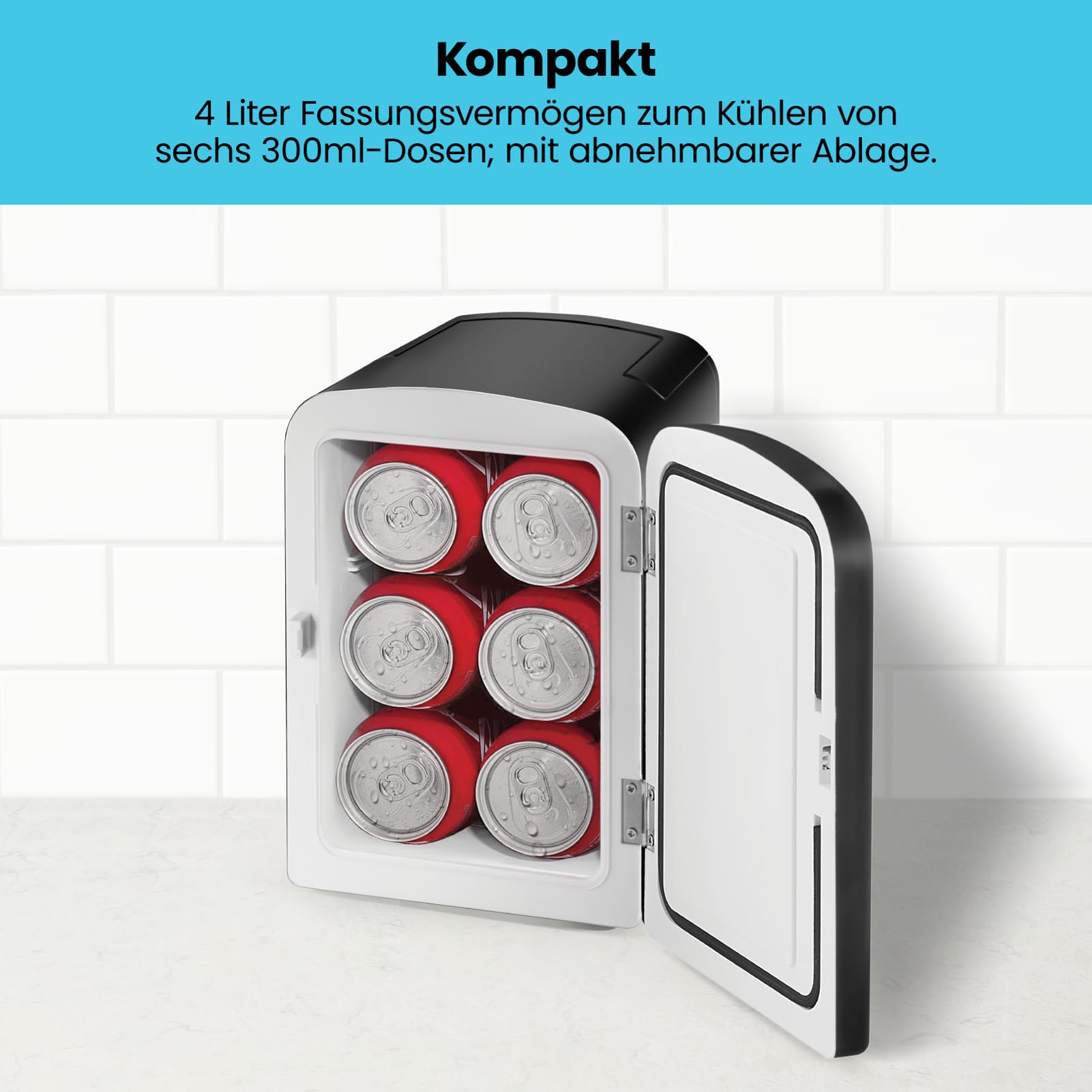 Iceman Mini-Kühlschrank 4L, beschreibbare Oberfläche, Kühlt & Heizt | inkl. abwischbare Stifte, für 6 Dosen, tragbar, inkl. Netzstecker, Schwarz