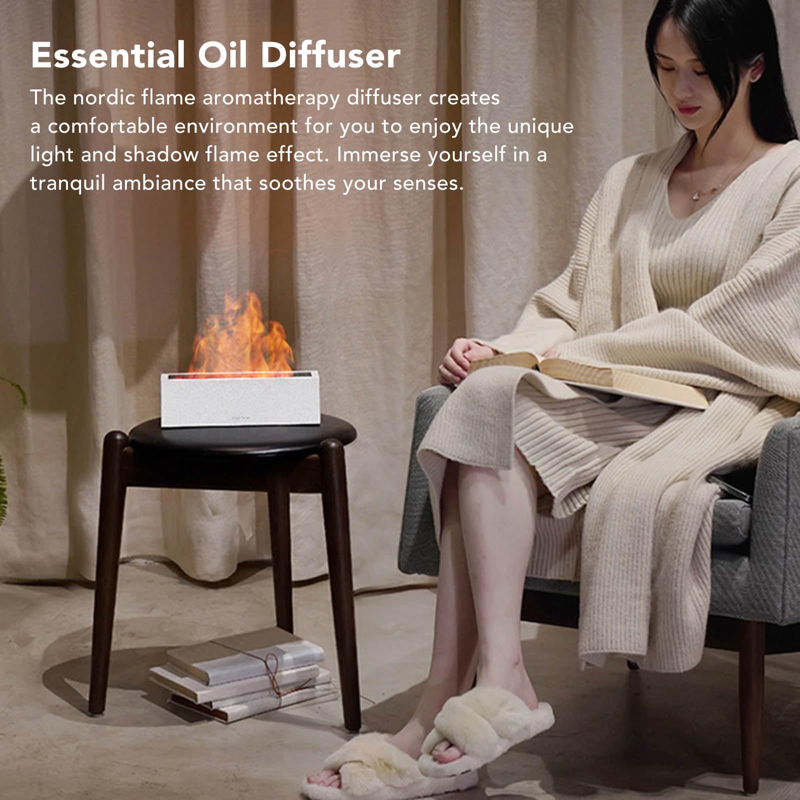 Diffuseur d'Huiles Essentielles Aromathérapie, Humidificateur Silencieux à Grande Capacité avec Lumière Flamme Nordique, pour Salon Chambre Bureau (Blanche)