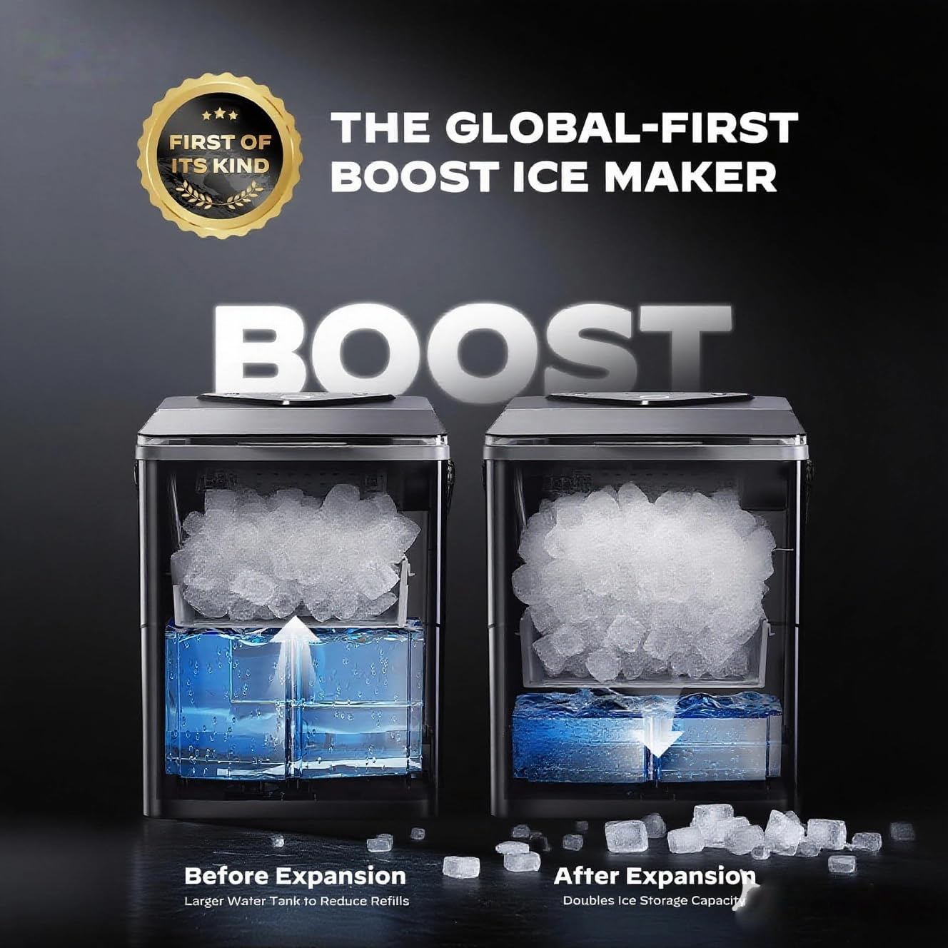 Silonn Boost Ice Maker, 2.5l Ice Basket And 1.8l Water Tank, Makes 9 Bullet Ice Cubes In 6 Mins, Countertop Ice Machine With Self-Cleaning & LED Touch Control, 2 Selectable Ice Sizes on Fridge.com - View 2