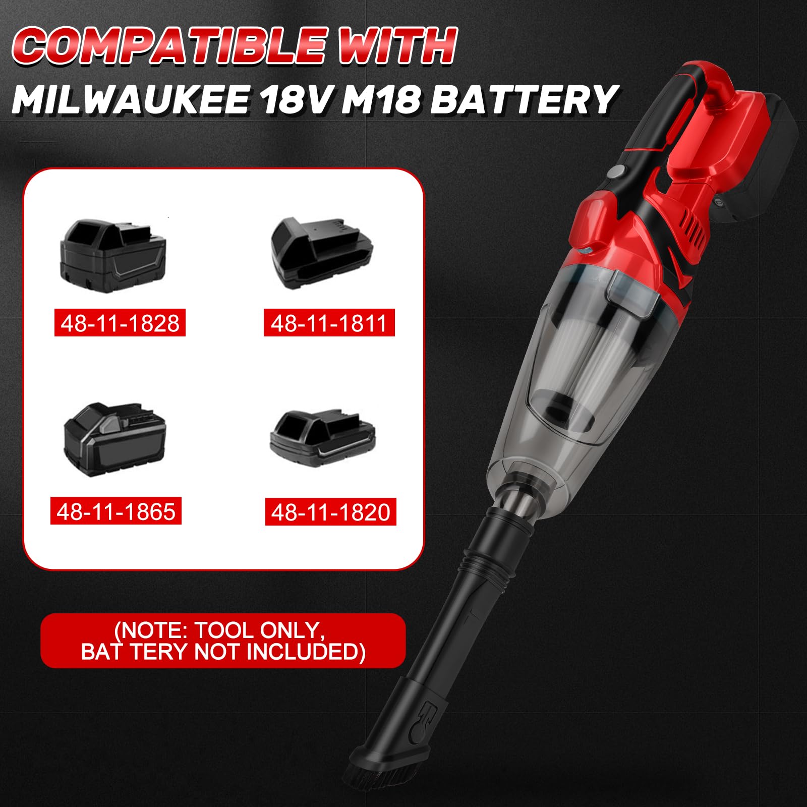 Aspirador de Mano a batería 10000 Pa para Milwaukee 18V (sin batería) | Aspirador Portátil, 4 Boquillas, Depósito 0,75L, para Suelos de Madera, Alfombras, Pelo de Mascota, Coche
