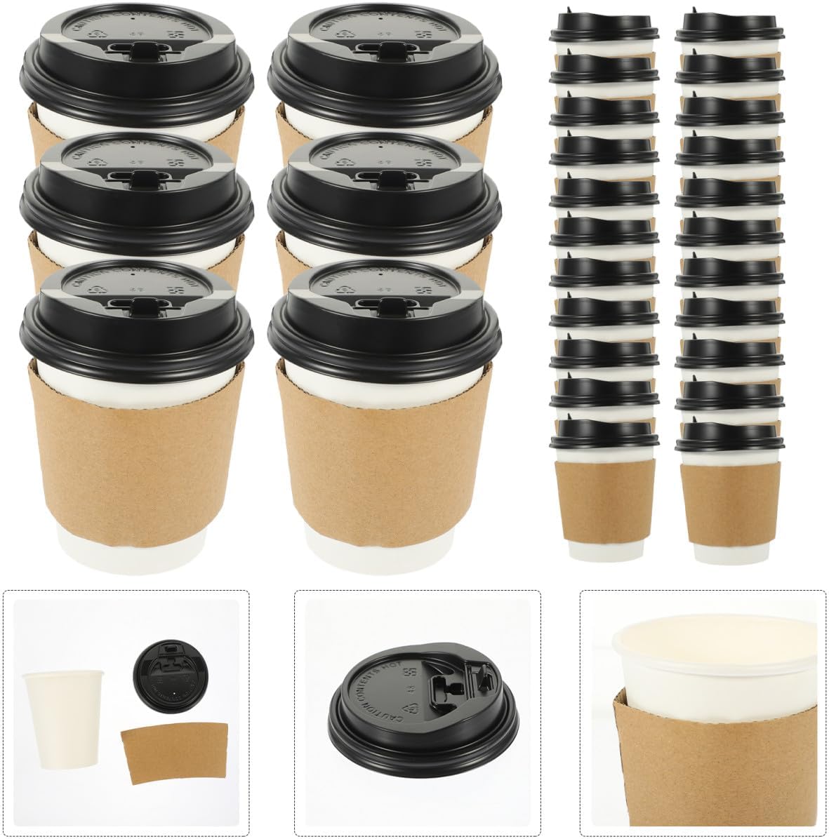 Healifty 50 Disposable 8oz Kraft Paper Coffee Cups with Lids Thickened Hot Beverage Cups for Takeaway Milk Tea with Sleeve 50 Sets for Office Party