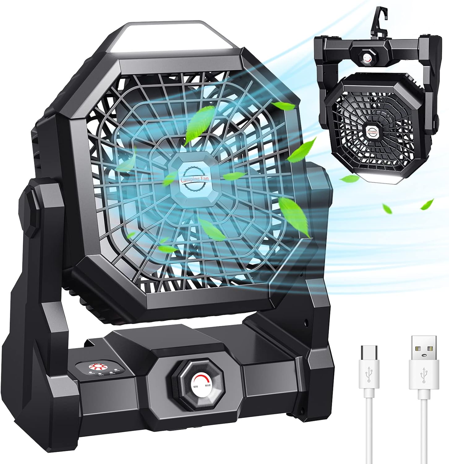 Camping Fan Rechargeable, Battery Powered Fan with LED