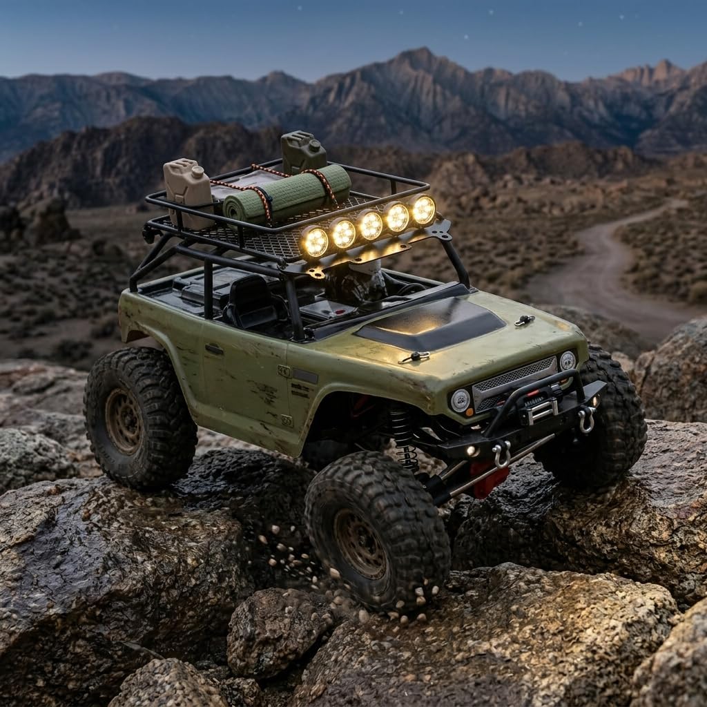RC Car Roof Rack, Middle Size Roof Rack Luggage Carrier with 4 Round LED Lights for Axial SCX10 1/10 RC Crawler Car(4 White Light Color)