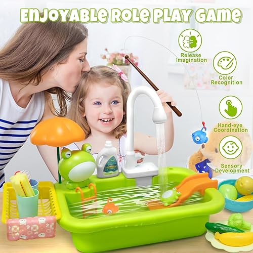 Miniatura 5 de Fregadero de juego con agua corriente, juguete de fregadero para niños con sistema automático de ciclo de agua, juguete de pesca para fregadero con