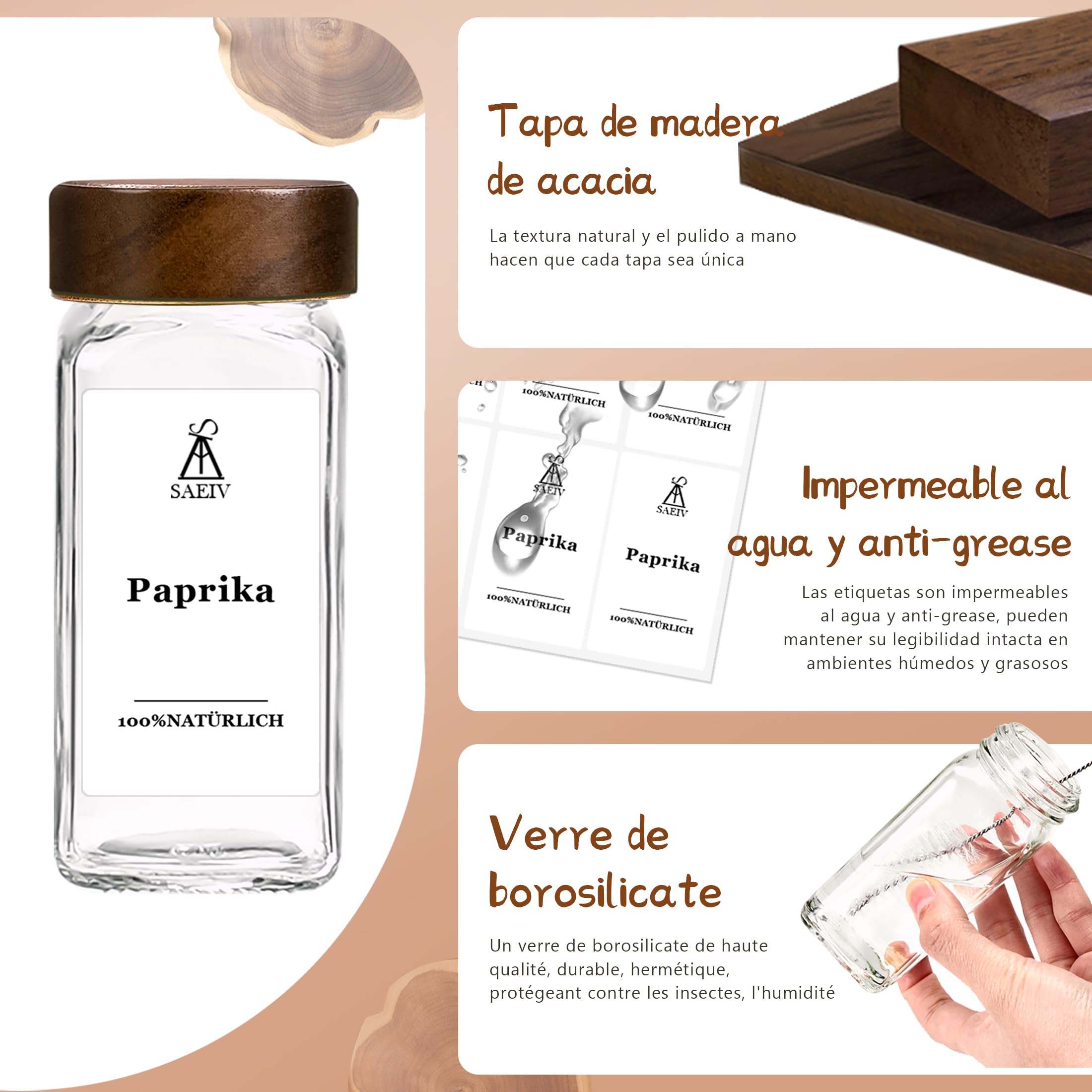 bote especia Juego de Madera de Acacia para 35 Botes de Especias, 120 ml con Etiquetas para Almacenamiento en Cocina