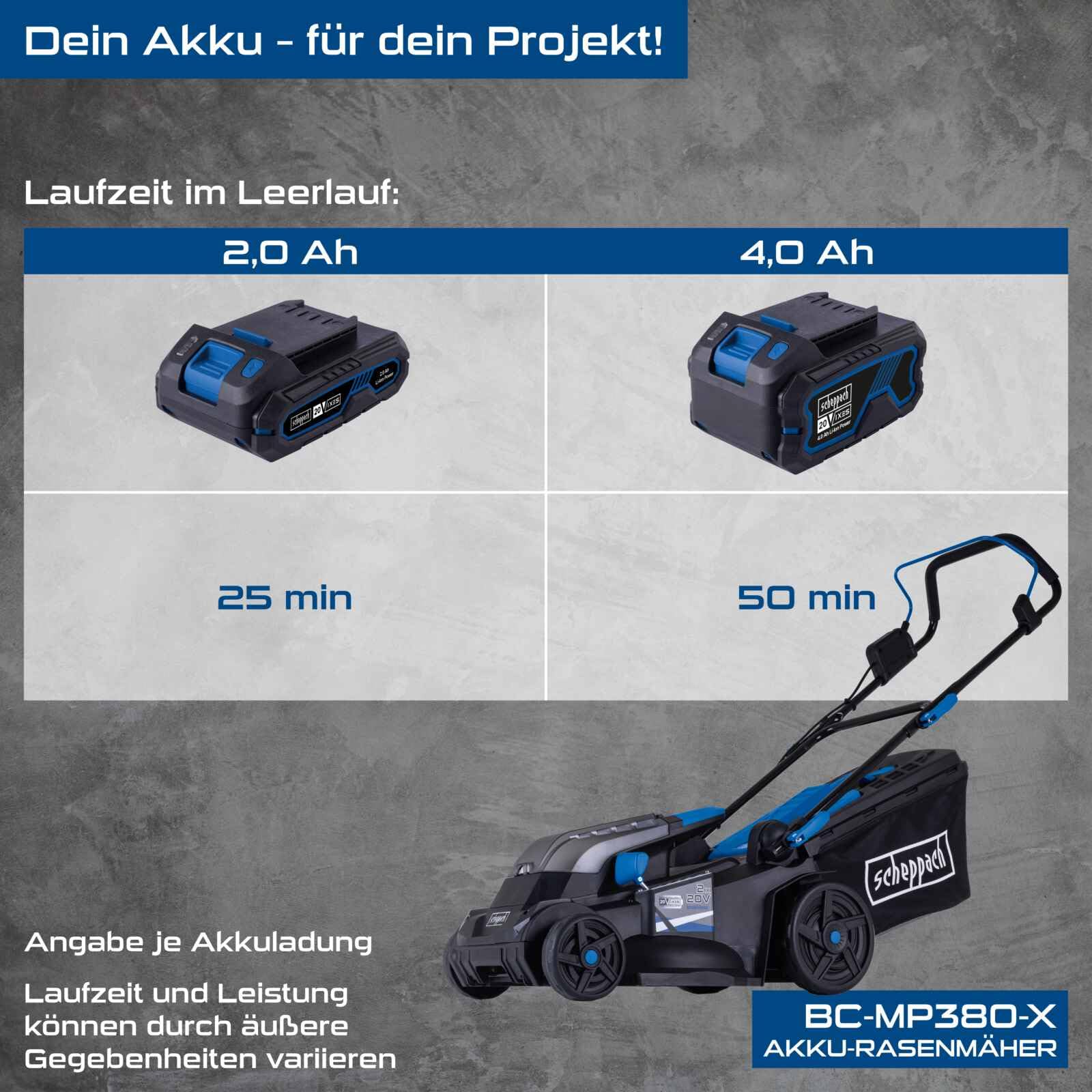 Scheppach BC-MP380-X - Cortacésped inalámbrico con batería y cargador, ancho de corte de 38 cm, jardines de 500 m², bolsa de césped de 45 L, incluye 2 baterías de 20 V y 4 Ah + cargador de 2,4 Ah