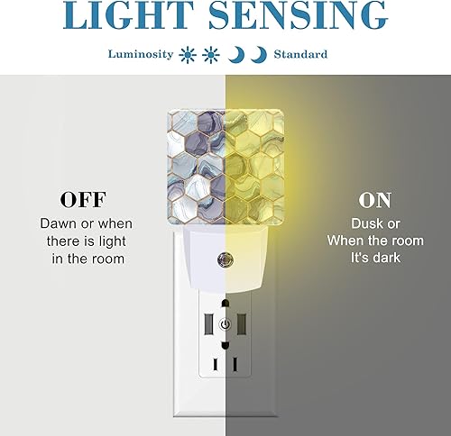 Miniatura 2 de Luz nocturna hexagonal de mármol azul dorado enchufable a la pared con sensor de atardecer a amanecer, bonita luz nocturna para niños, niñas,