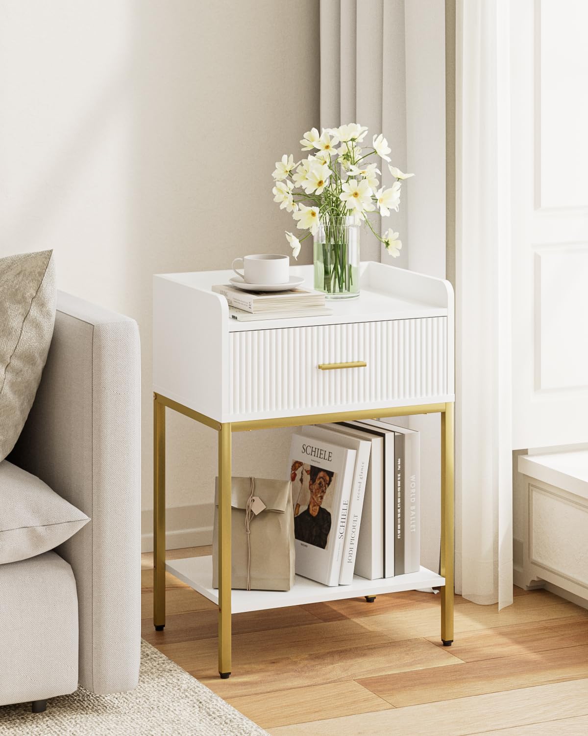 Apetaccat Bedside Table, Small Side Table, Nightstand with Open Shelf and Drawer, Bedside Cabinet for Bedroom, Living Room, White