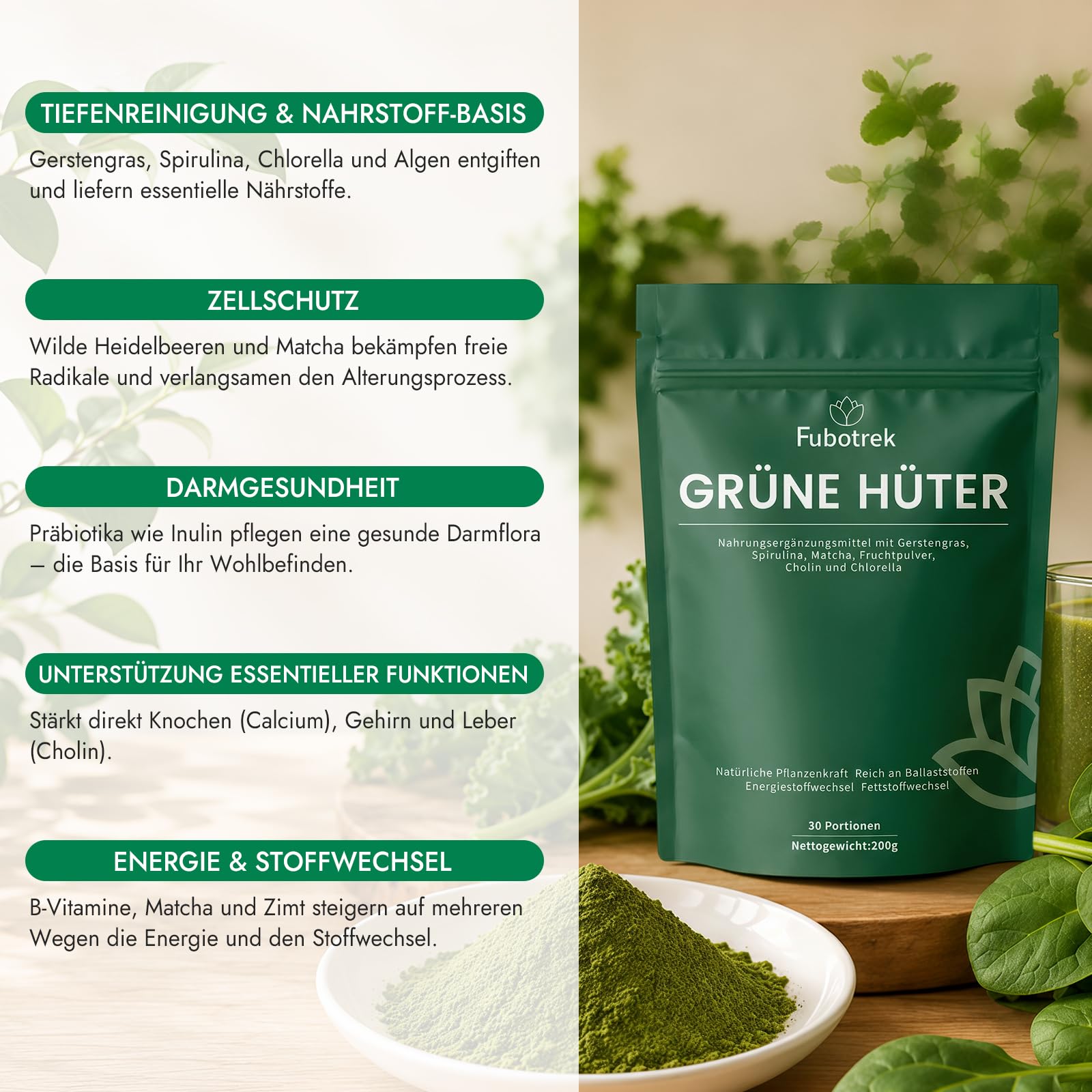 Grüne Entgiftungspulver Helfer,200g Grüner Superfood Pulver Helper Mix mit Matcha, Spirulina, Gerstengras & Heidelbeeren | Ballaststoffreich & Vegan | Greens Pflanzenpulver für Alltag & Ernährun