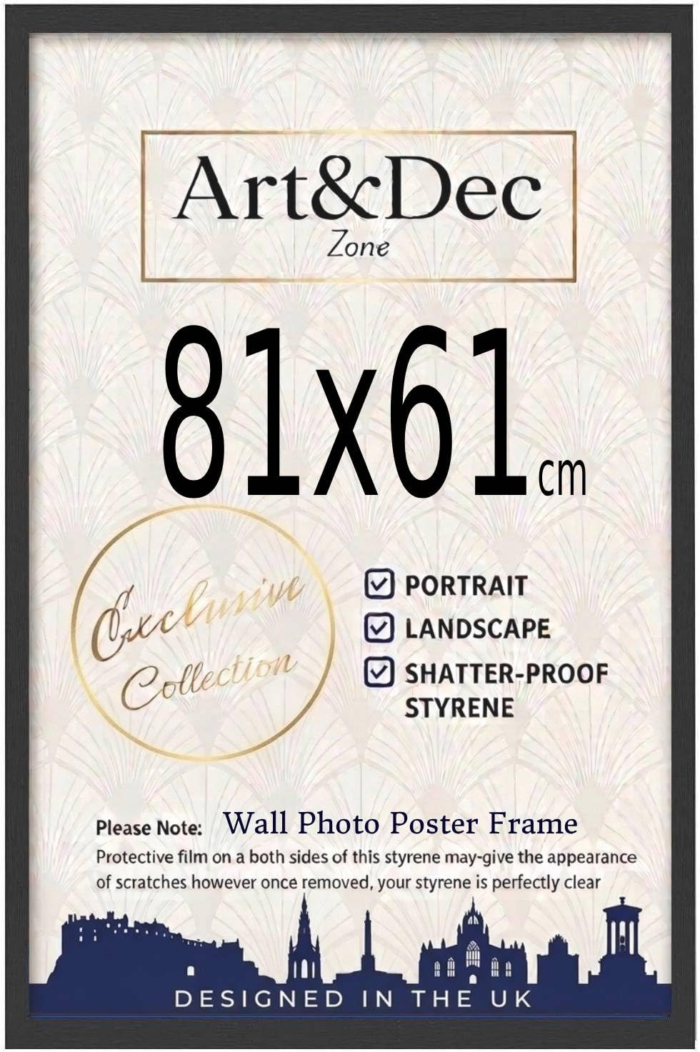 Art & Dec Zone® Sleek Black MDF Picture Frame 81x61 cm Durable MDF Poster Frame with Clear Acrylic Protection – Wall Display for Photos, Artwork & Prints