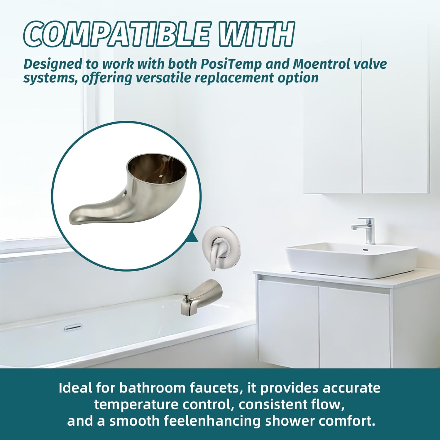 100657 Lever Shower Handle Compatible with Moen PosiTemp & Moentrol Valve Systems, Universal Handle Replacement Kit for Single Handle Tub and Shower Faucets, Brushed Nickel