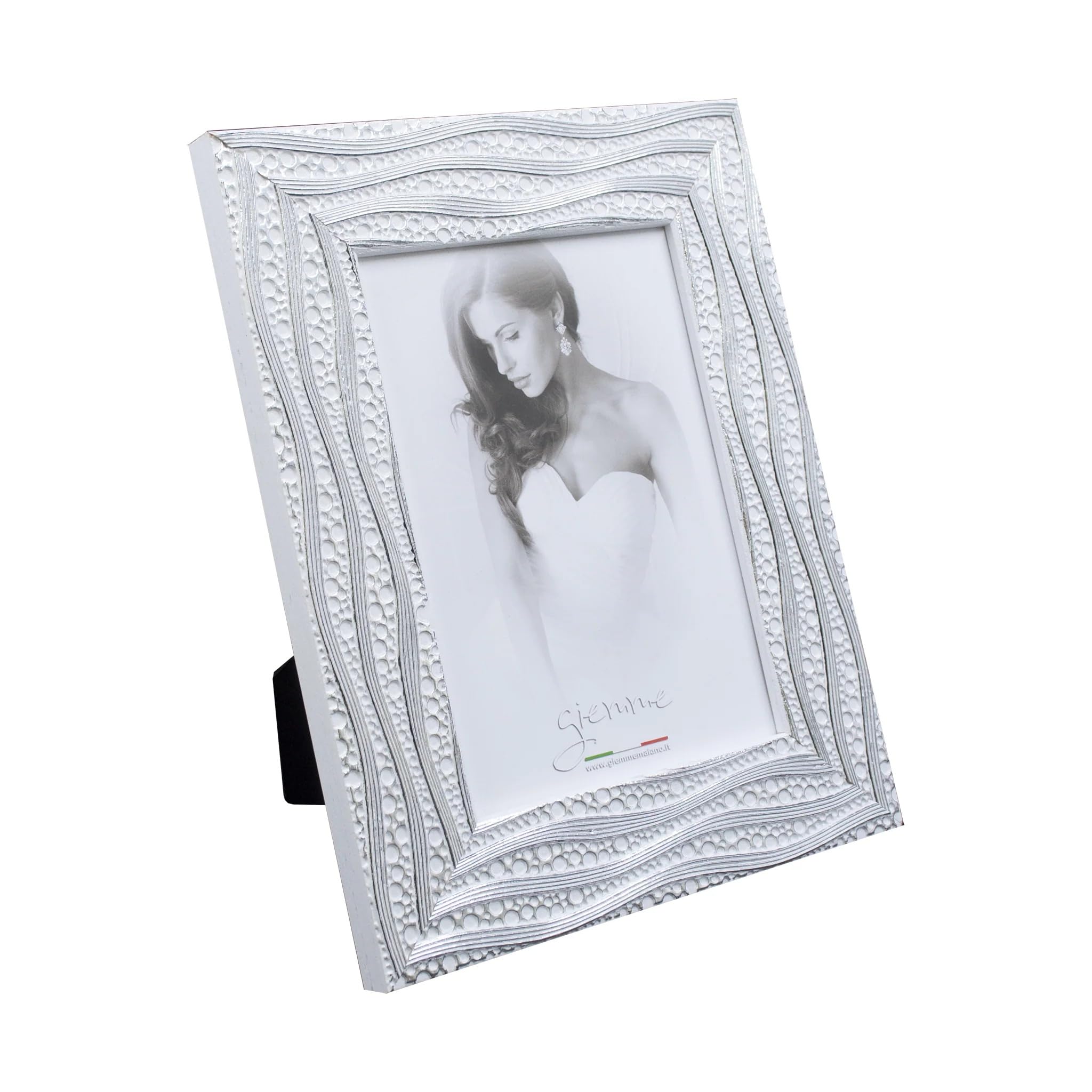 PRESTIGE & DELUXE Cornice Portafoto Bianco decorazione ondulata e motivo perlinato dim. 15x20 cm – Legno Naturale con Supporto da Tavolo - Porta Foto Elegante per Casa e Ufficio idea regalo